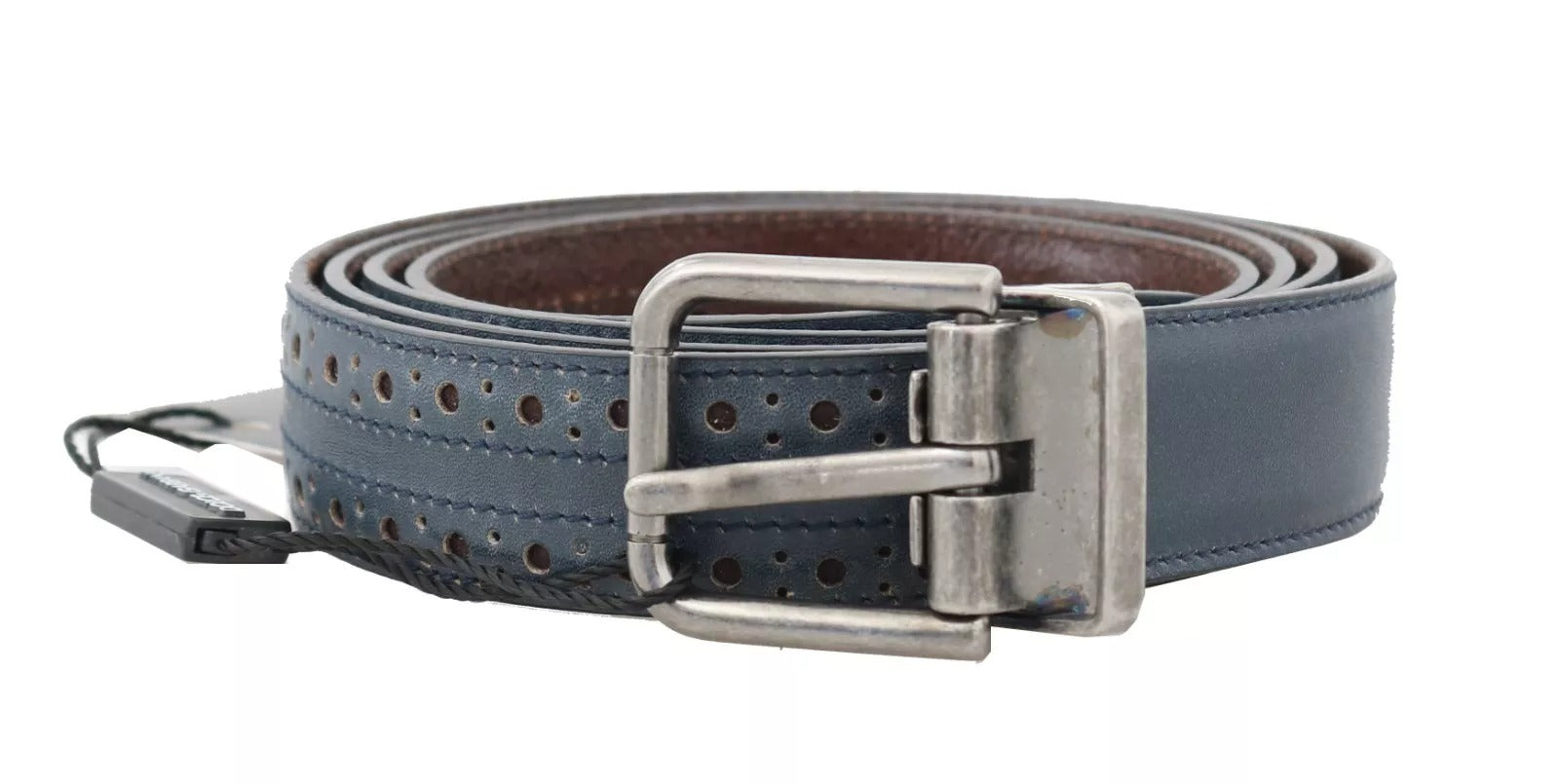Dolce & Gabbana Blue Perforated Leather Gray Buckle Belt | Regal Royce