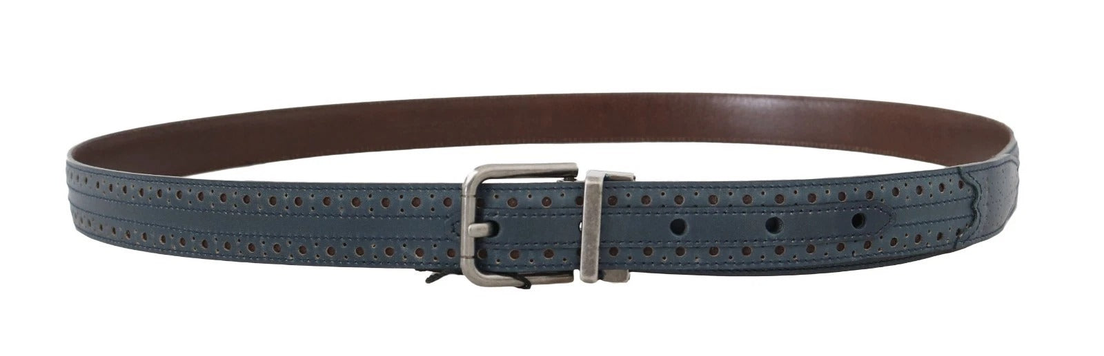 Dolce & Gabbana Blue Perforated Leather Gray Buckle Belt | Regal Royce