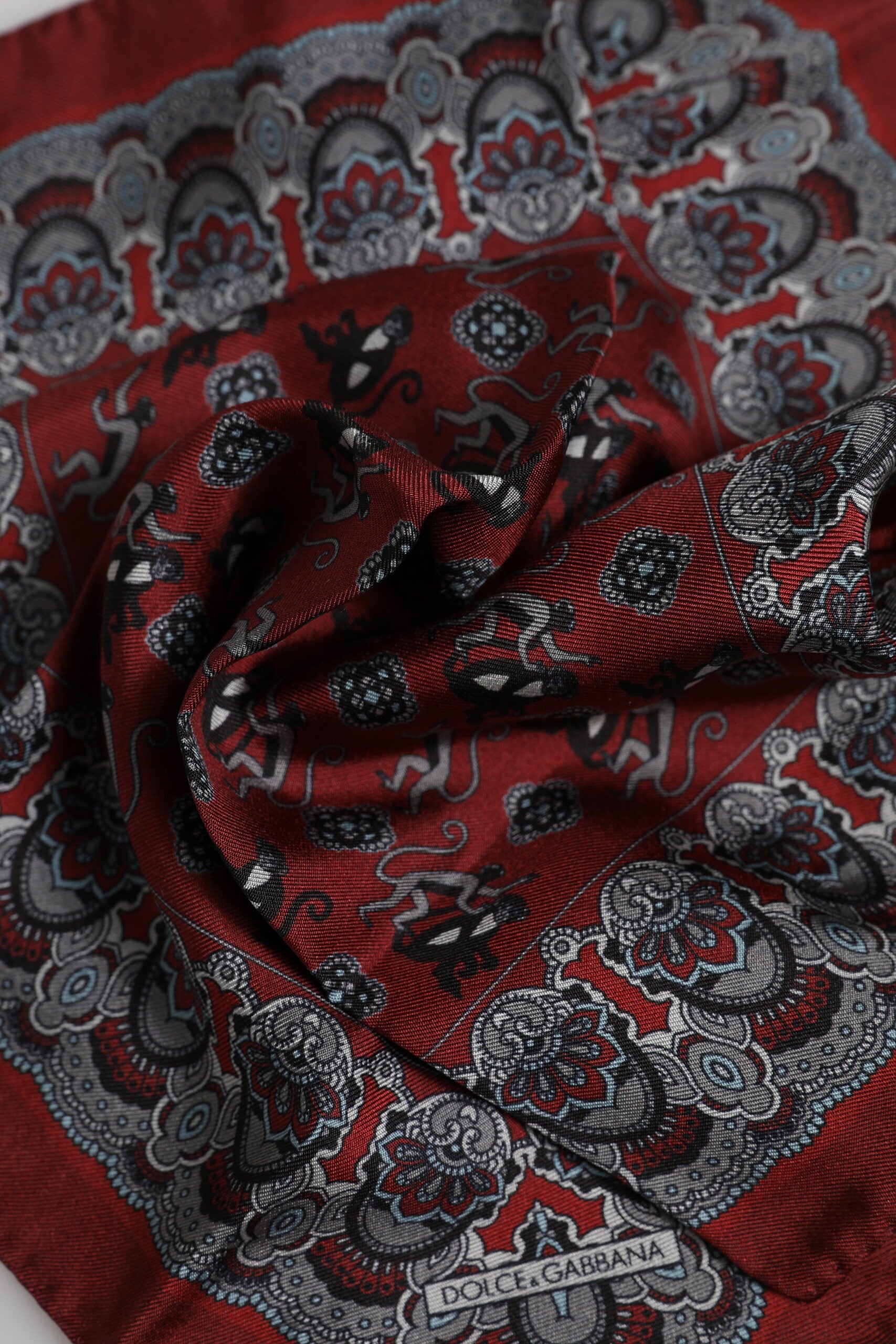 Dolce & Gabbana Maroon Monkey Print Silk Square Foulard Scarf | Regal Royce