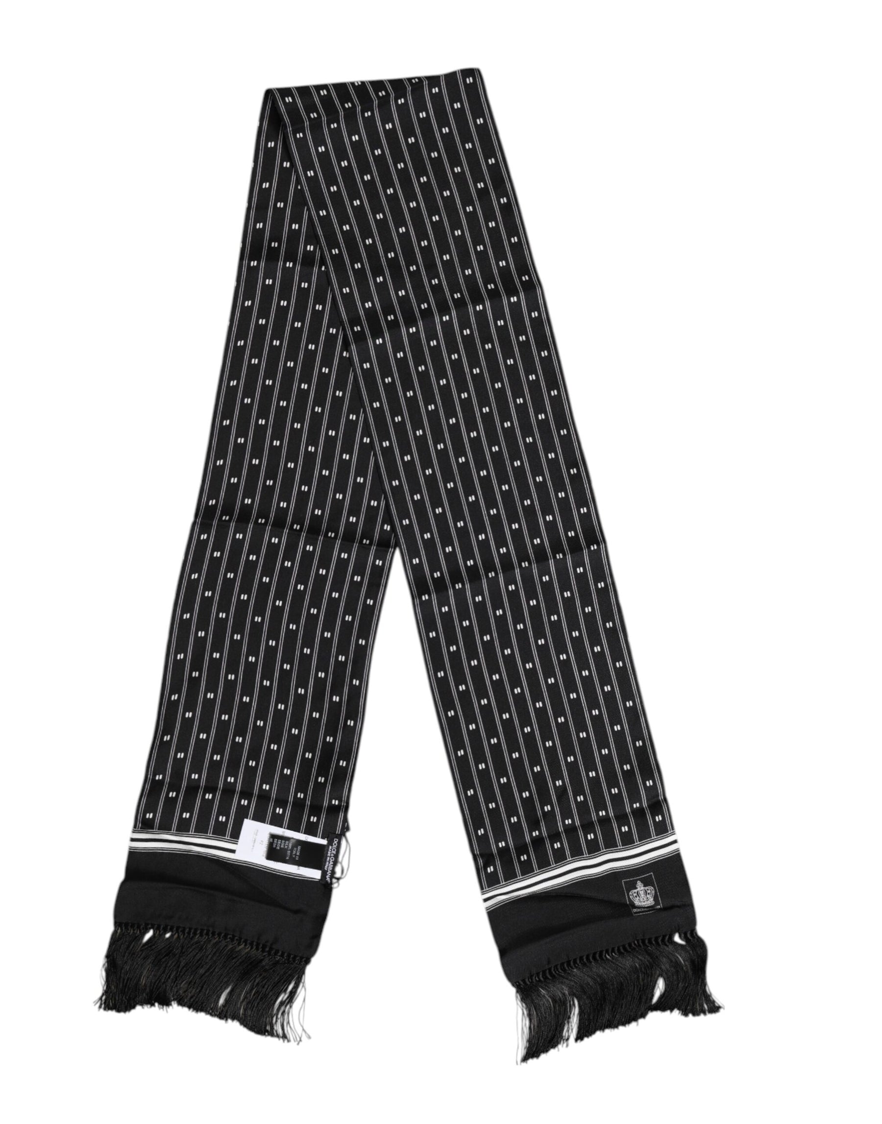 Dolce & Gabbana Black Silk Printed Fringes Men Foulard Scarf | Regal Royce
