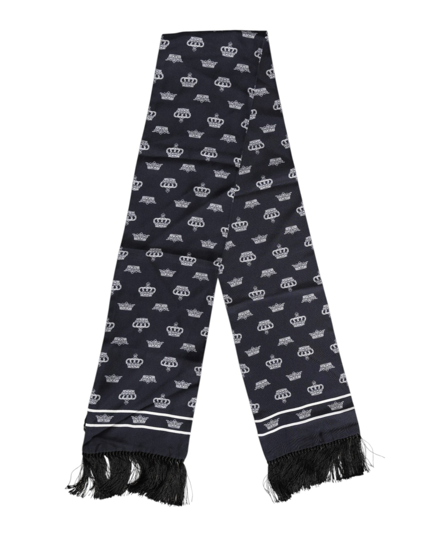 Dolce & Gabbana Black Silk Crown Fringes Men Foulard Scarf | Regal Royce