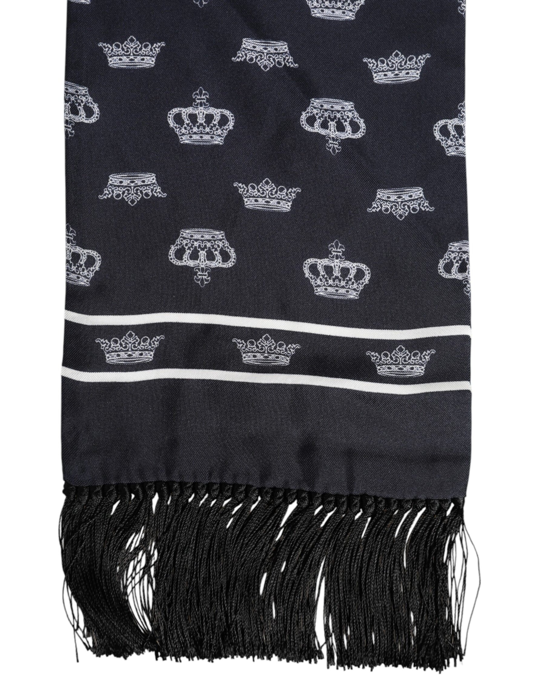 Dolce & Gabbana Black Silk Crown Fringes Men Foulard Scarf | Regal Royce