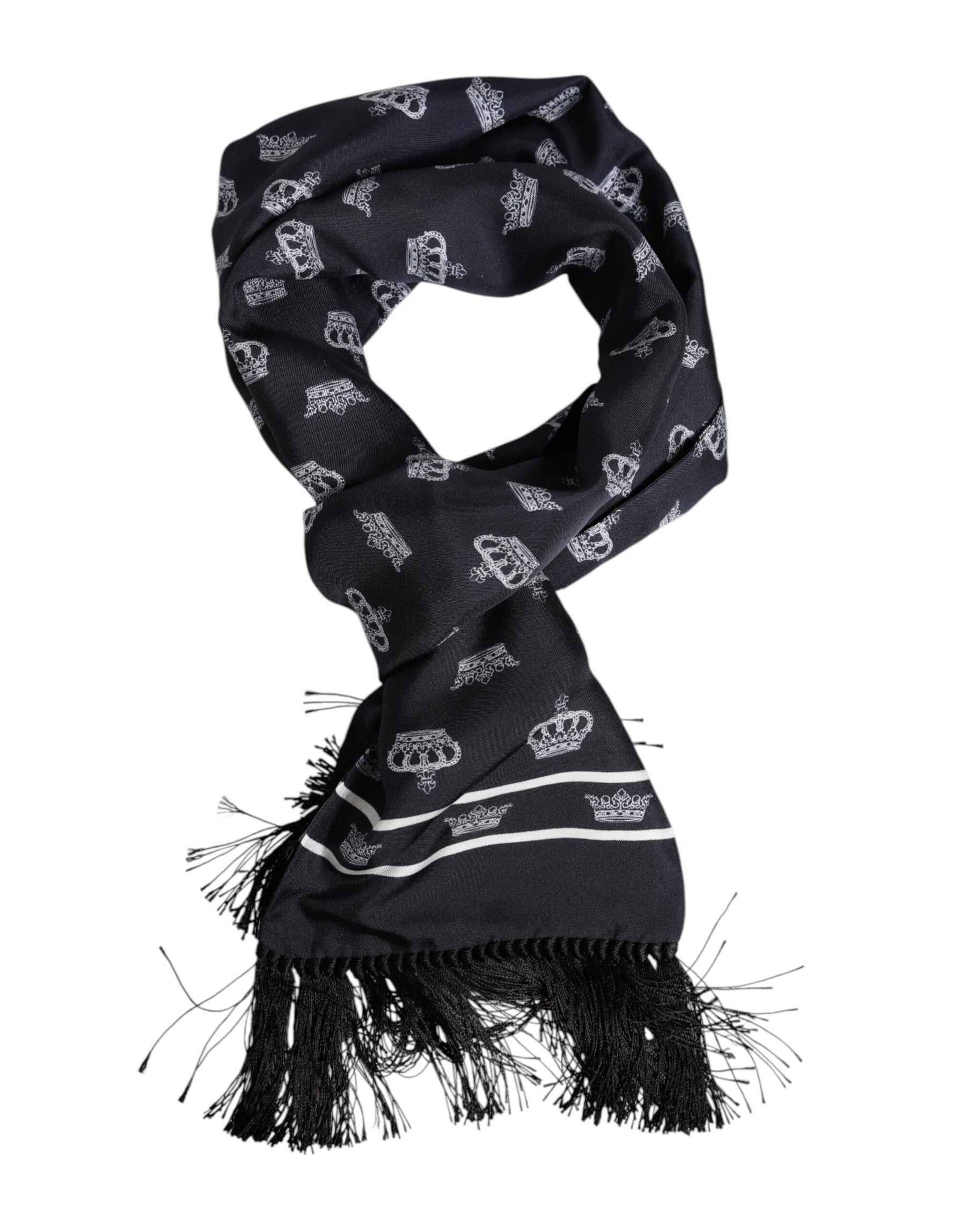 Dolce & Gabbana Black Silk Crown Fringes Men Foulard Scarf | Regal Royce