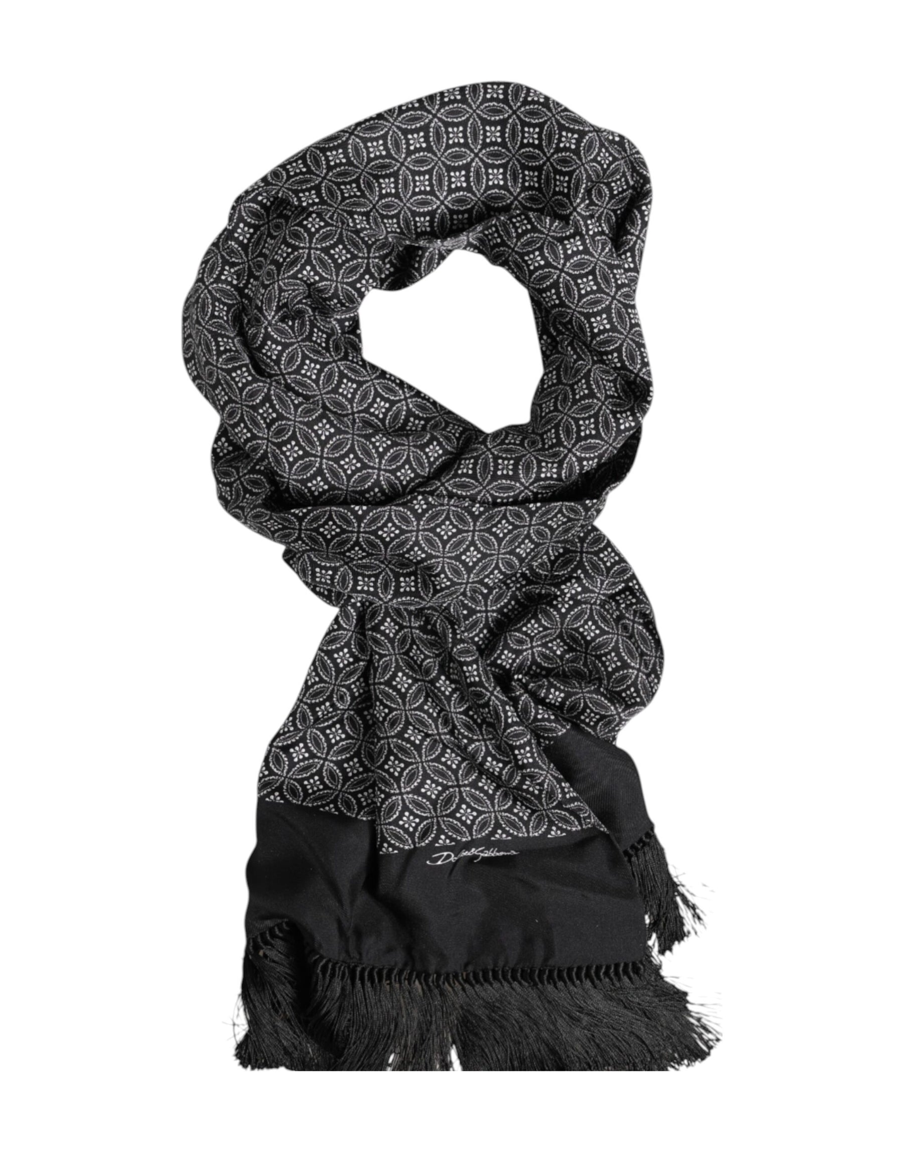 Dolce & Gabbana Black Patterned Fringes Men Foulard Scarf | Regal Royce