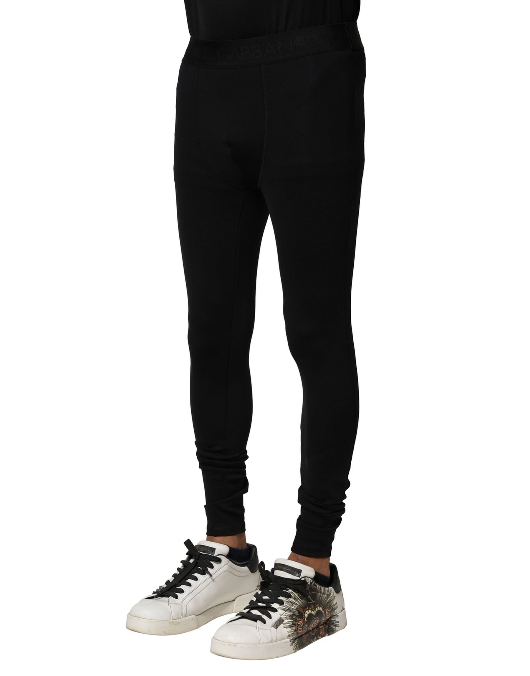 Dolce & Gabbana Black Nylon Elastic Logo Men Leggings Pants | Regal Royce