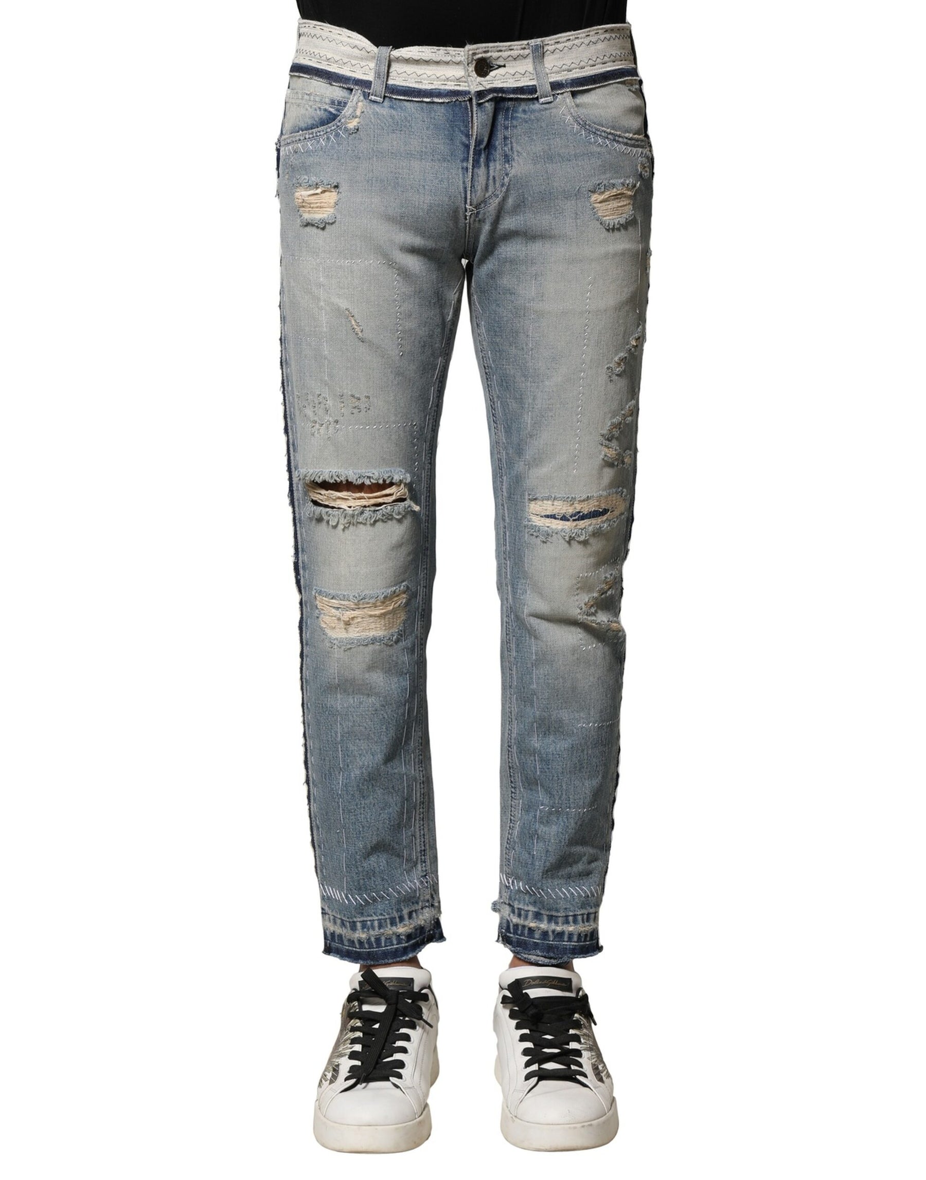 Dolce & Gabbana Light Blue Tattered Straight Men Denim Jeans | Regal Royce