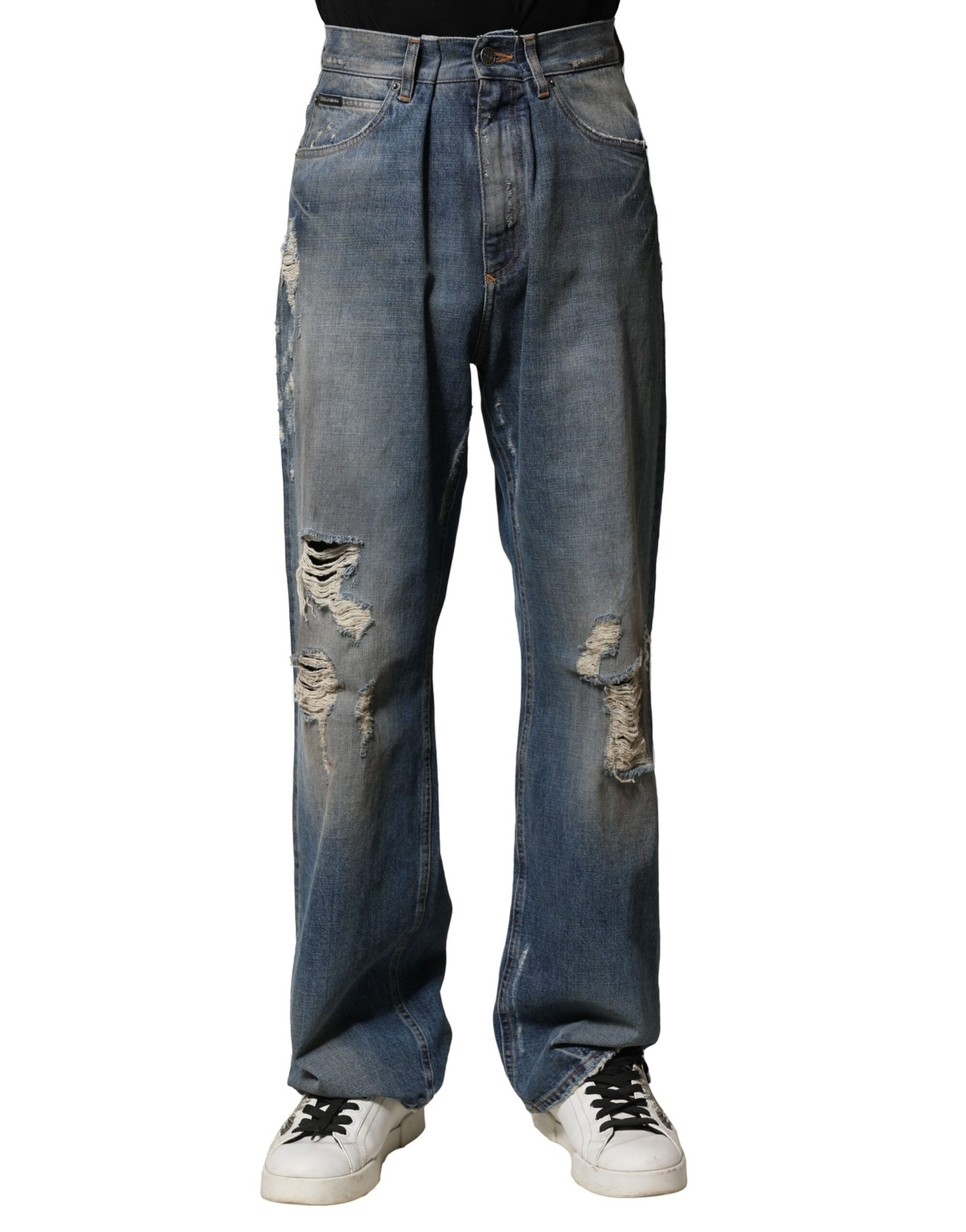 Dolce & Gabbana Blue Cotton Tattered Men Denim Jeans | Regal Royce