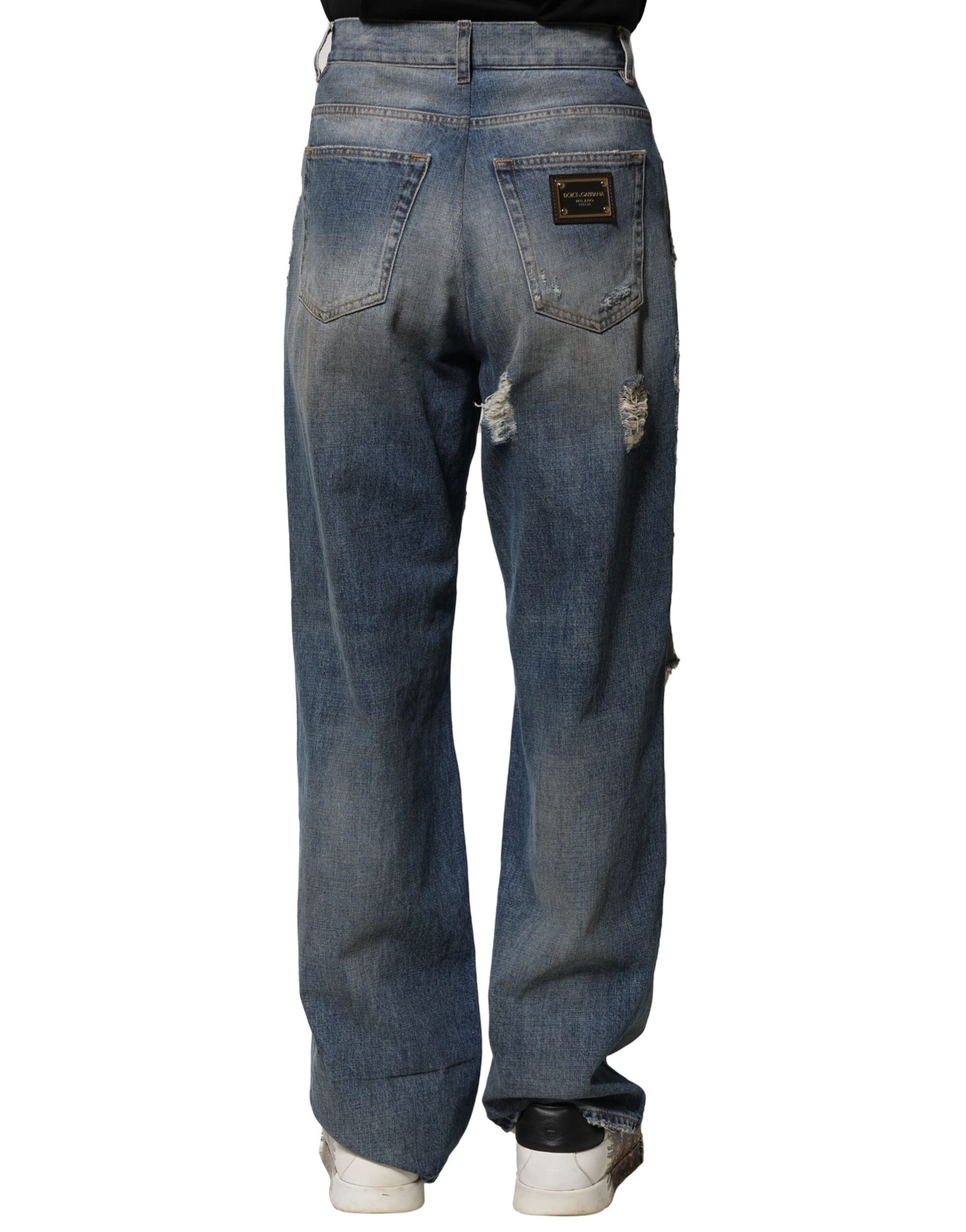 Dolce & Gabbana Blue Cotton Tattered Men Denim Jeans | Regal Royce