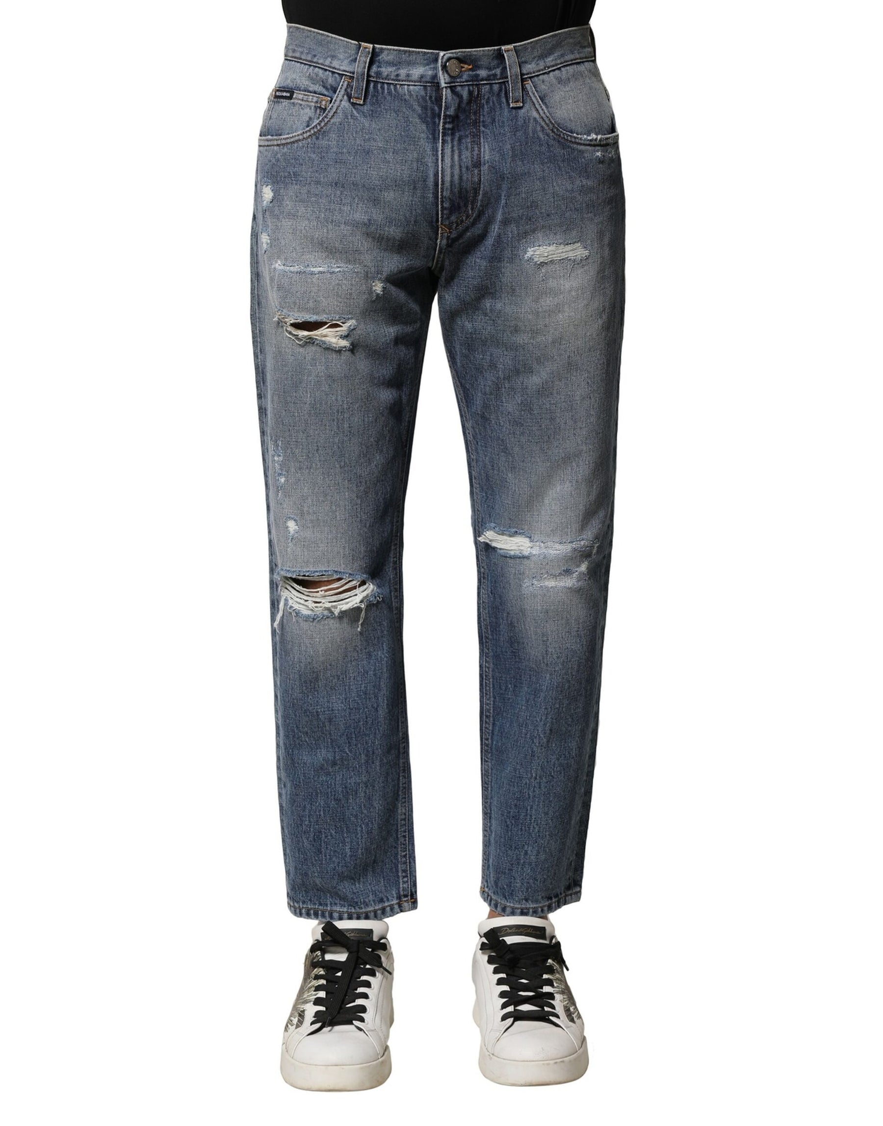 Dolce & Gabbana Blue Washed Tattered Straight Fit Denim Jeans | Regal Royce