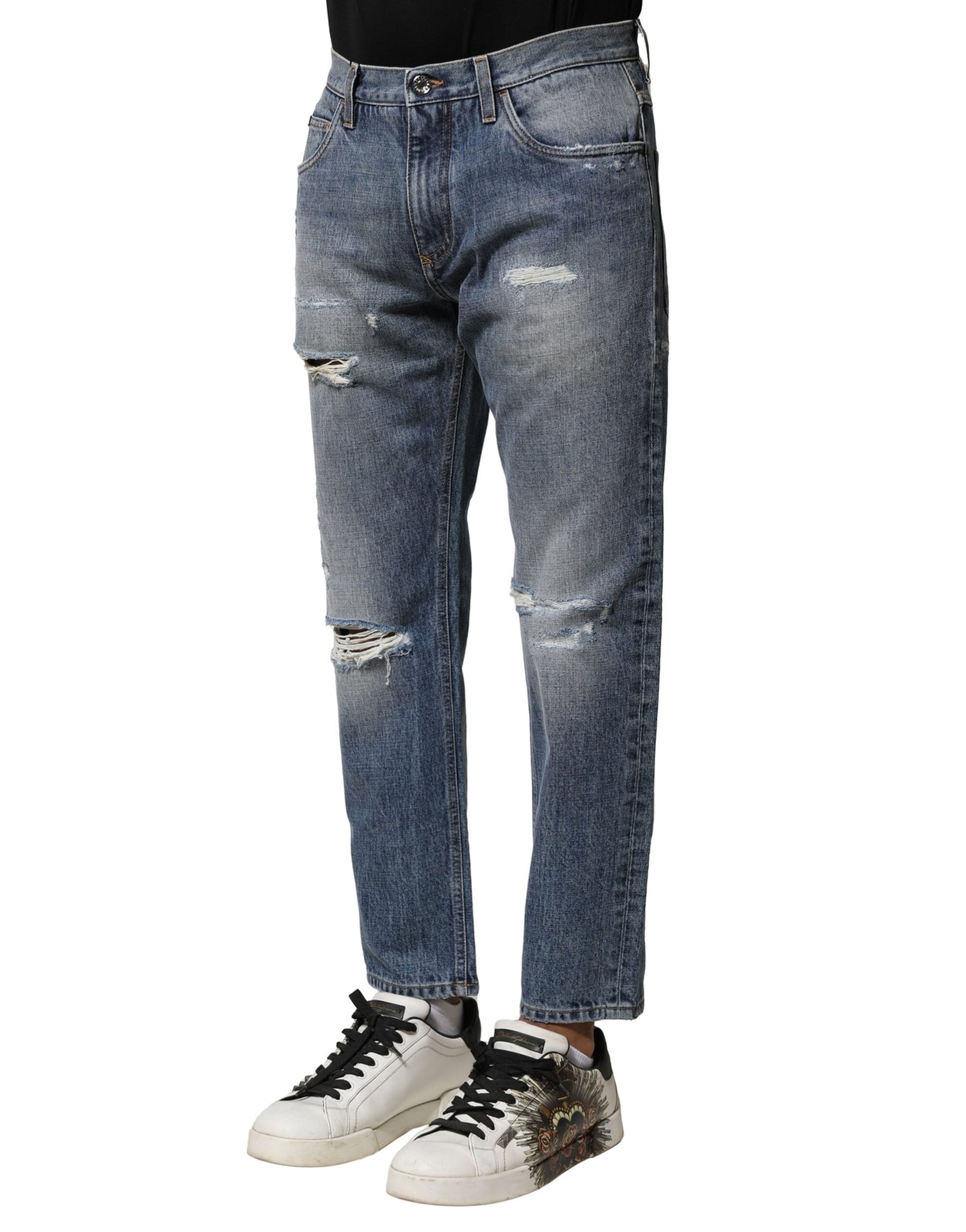 Dolce & Gabbana Blue Washed Tattered Straight Fit Denim Jeans | Regal Royce