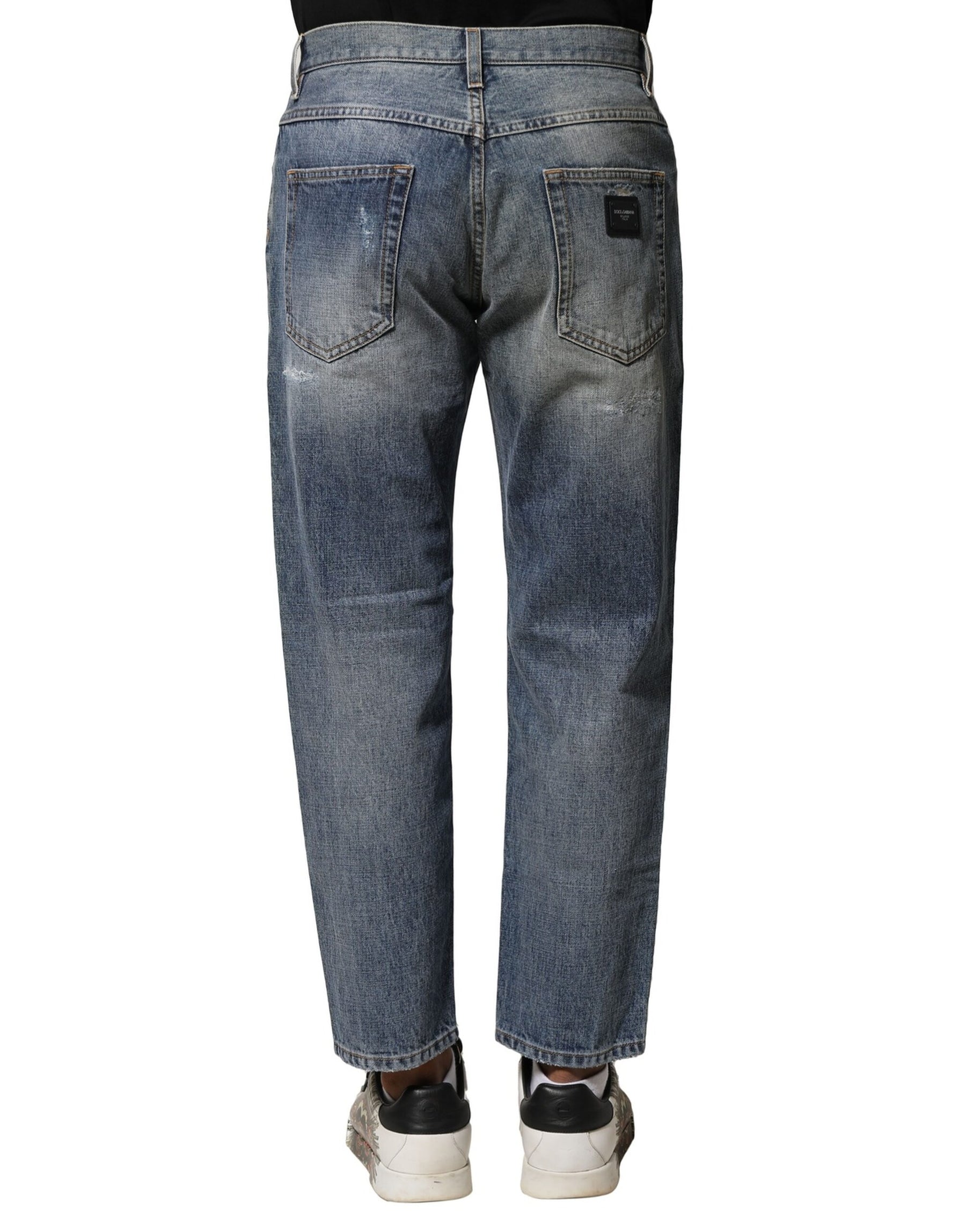 Dolce & Gabbana Blue Washed Tattered Straight Fit Denim Jeans | Regal Royce