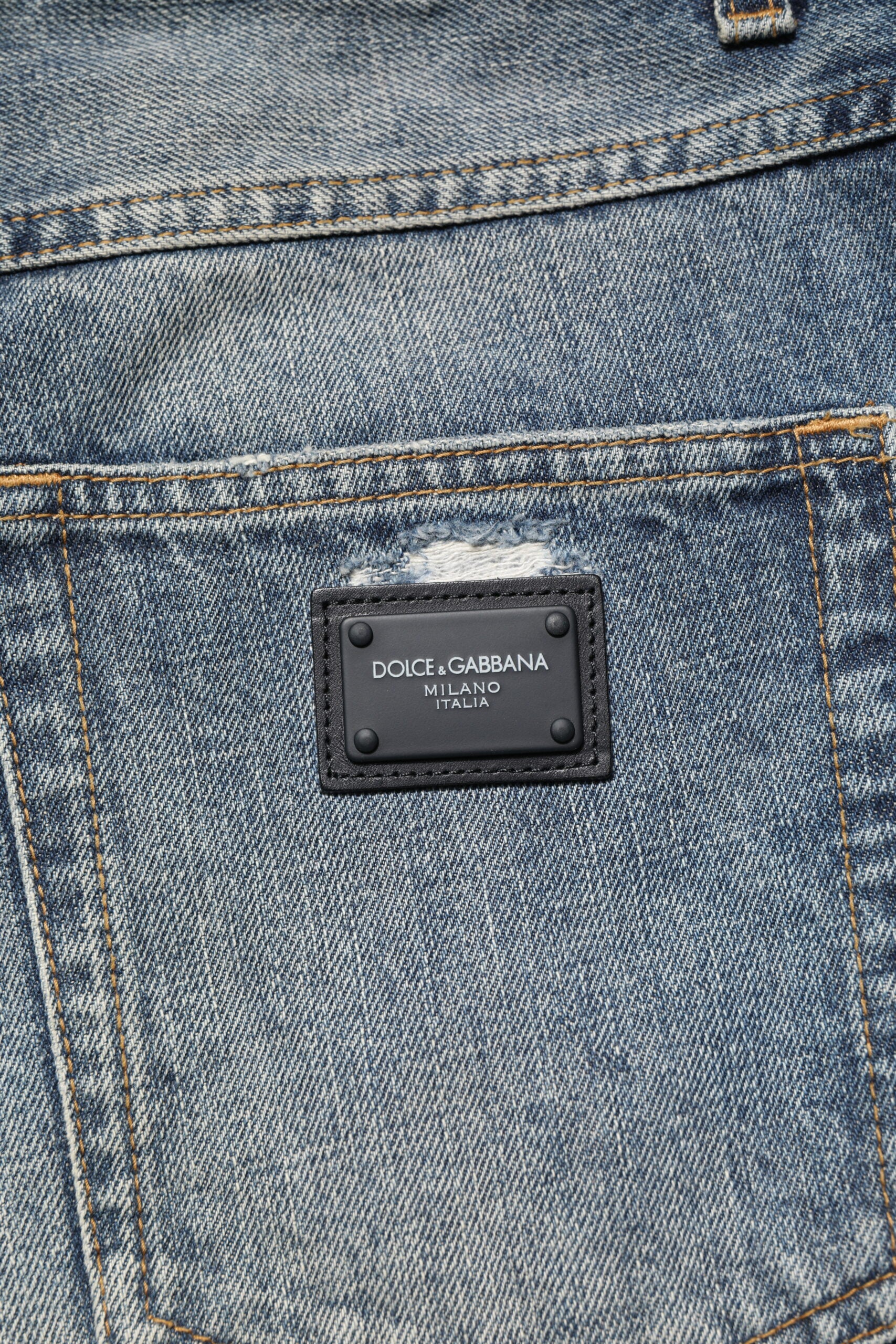 Dolce & Gabbana Blue Washed Tattered Straight Fit Denim Jeans | Regal Royce