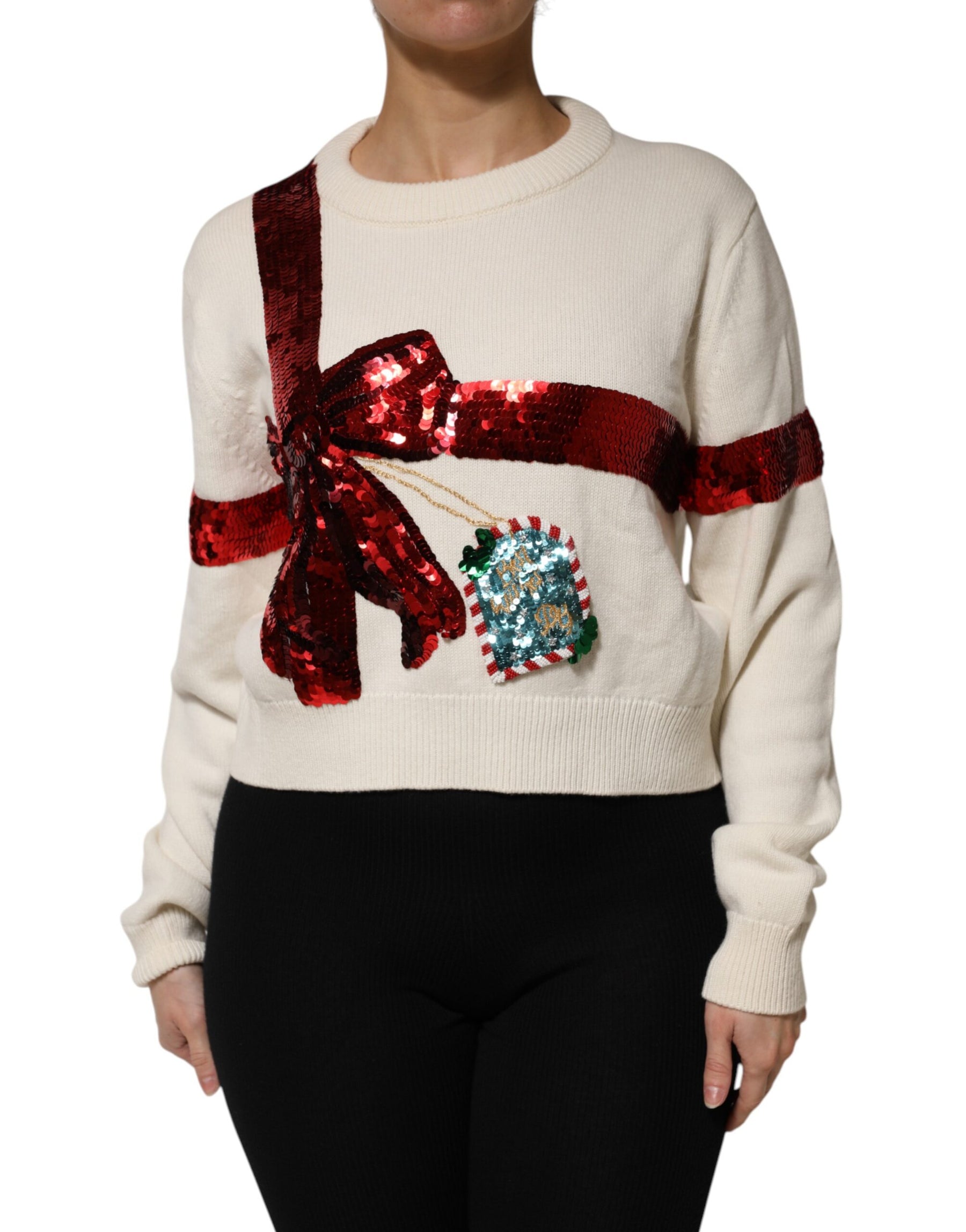 Dolce & Gabbana White Sequined Crew Neck Pullover Sweater | Regal Royce