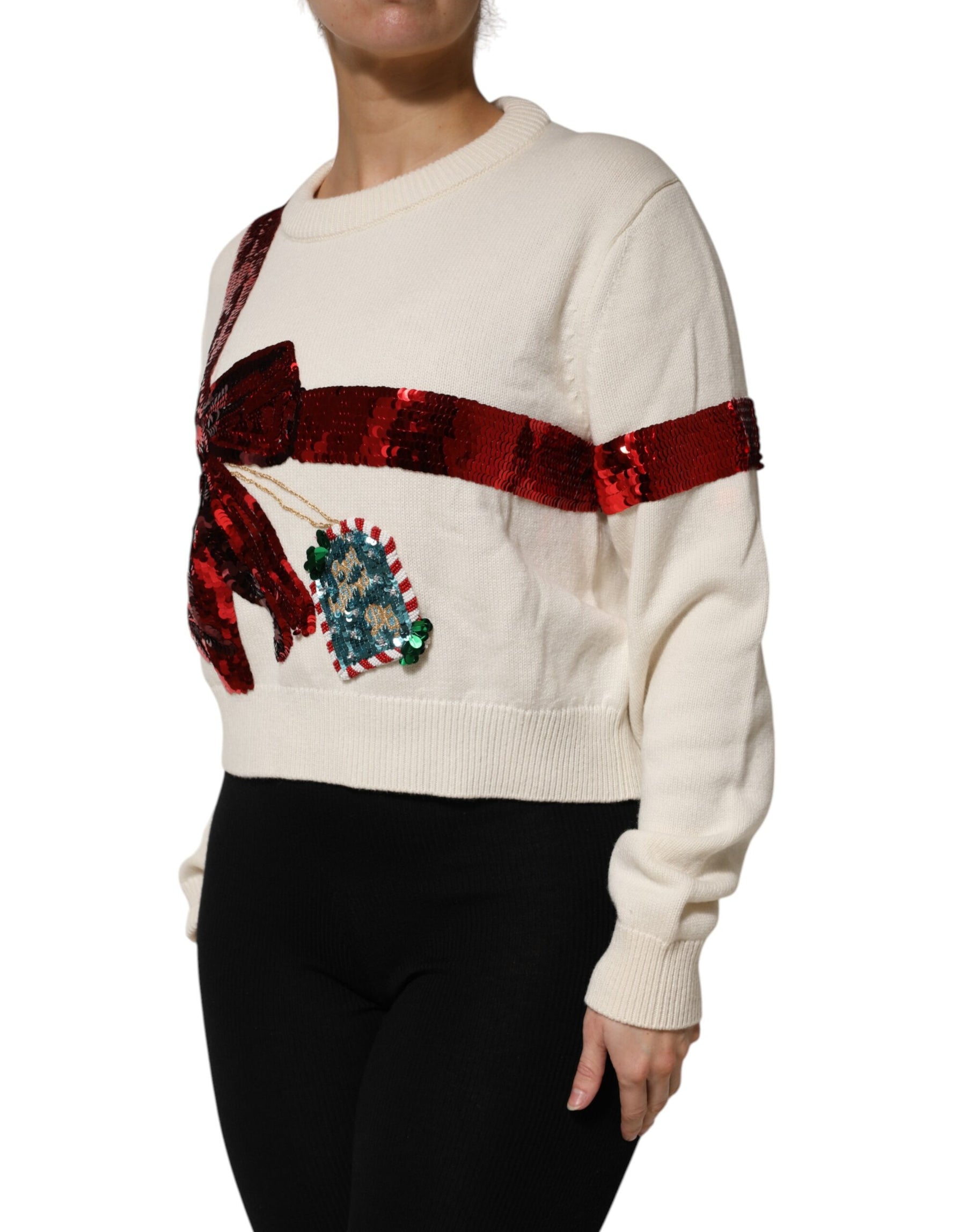 Dolce & Gabbana White Sequined Crew Neck Pullover Sweater | Regal Royce