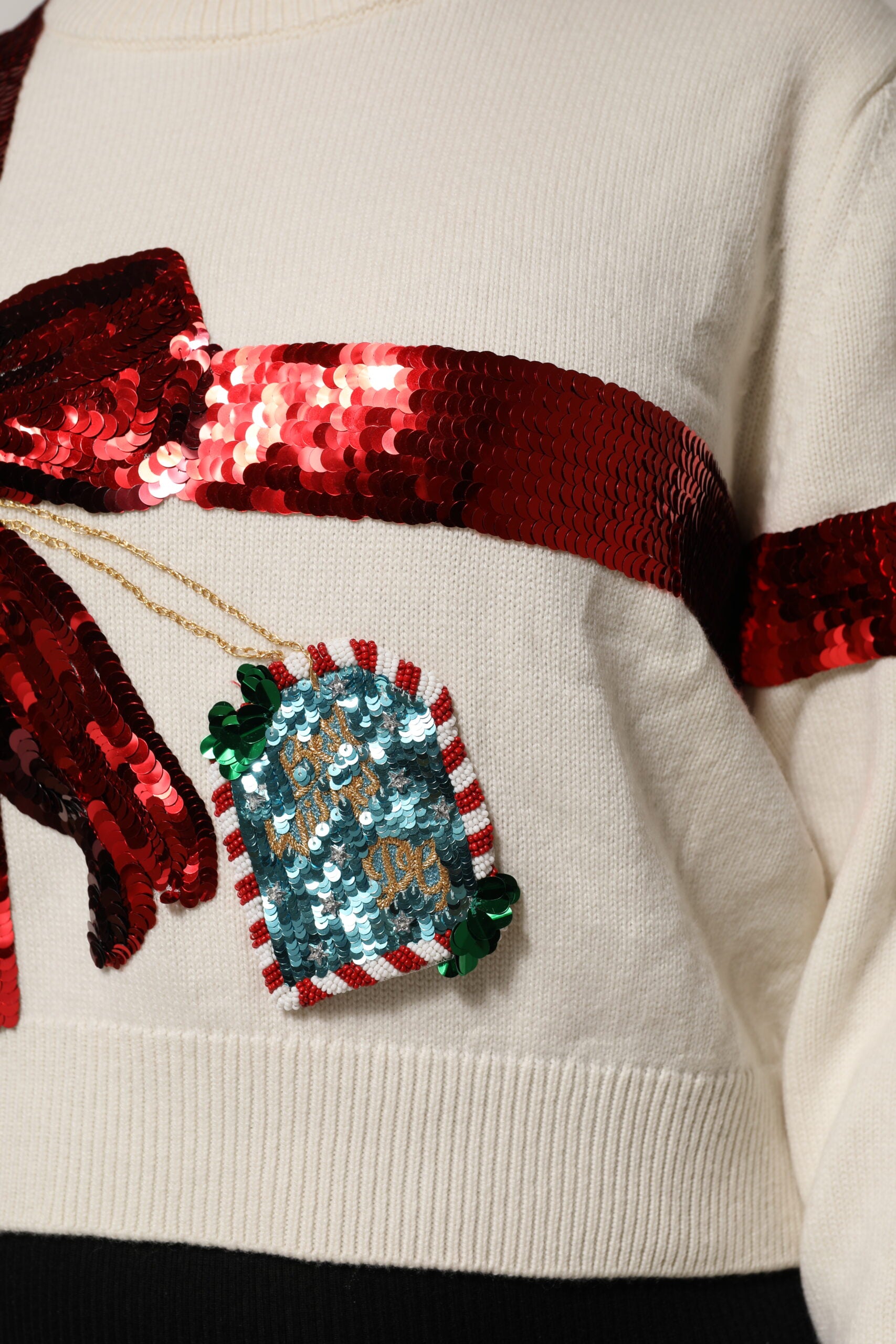 Dolce & Gabbana White Sequined Crew Neck Pullover Sweater | Regal Royce