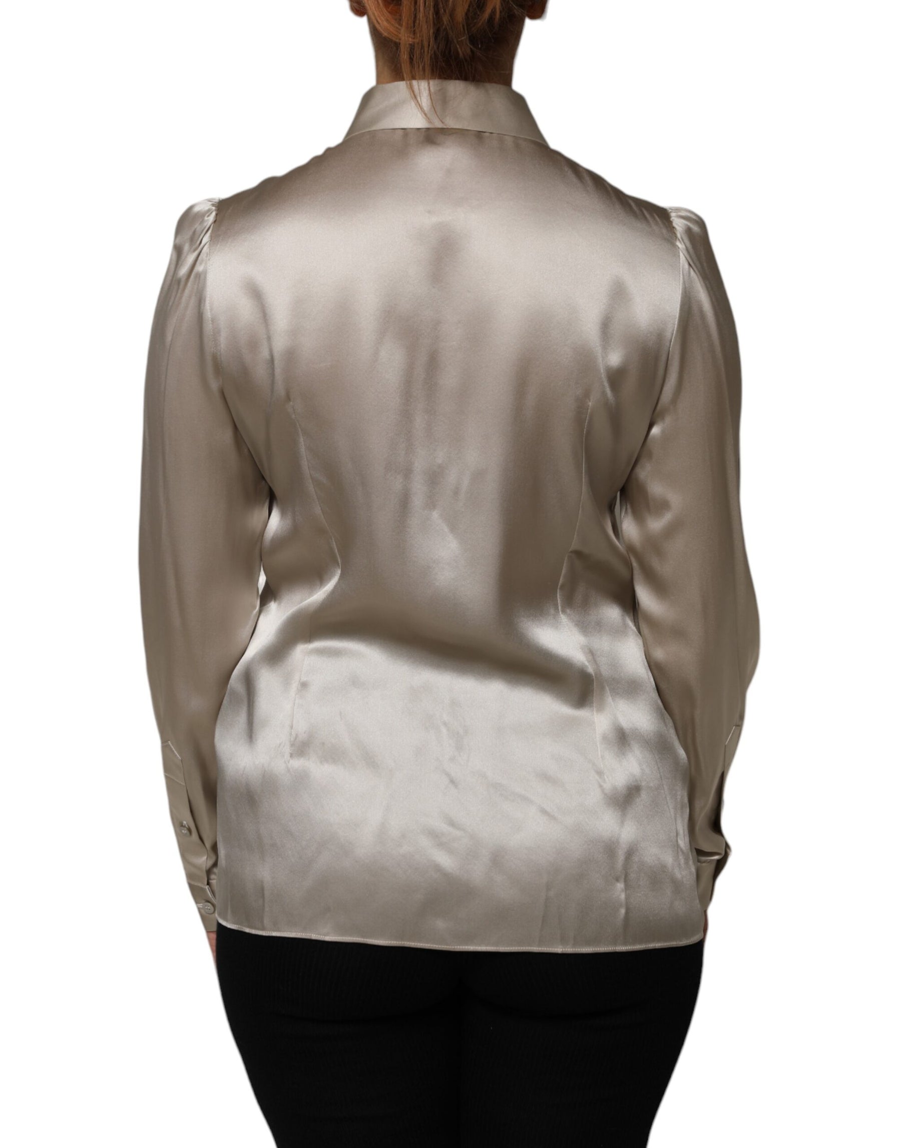 Dolce & Gabbana Beige Satin Silk Collared Long Sleeves Top | Regal Royce