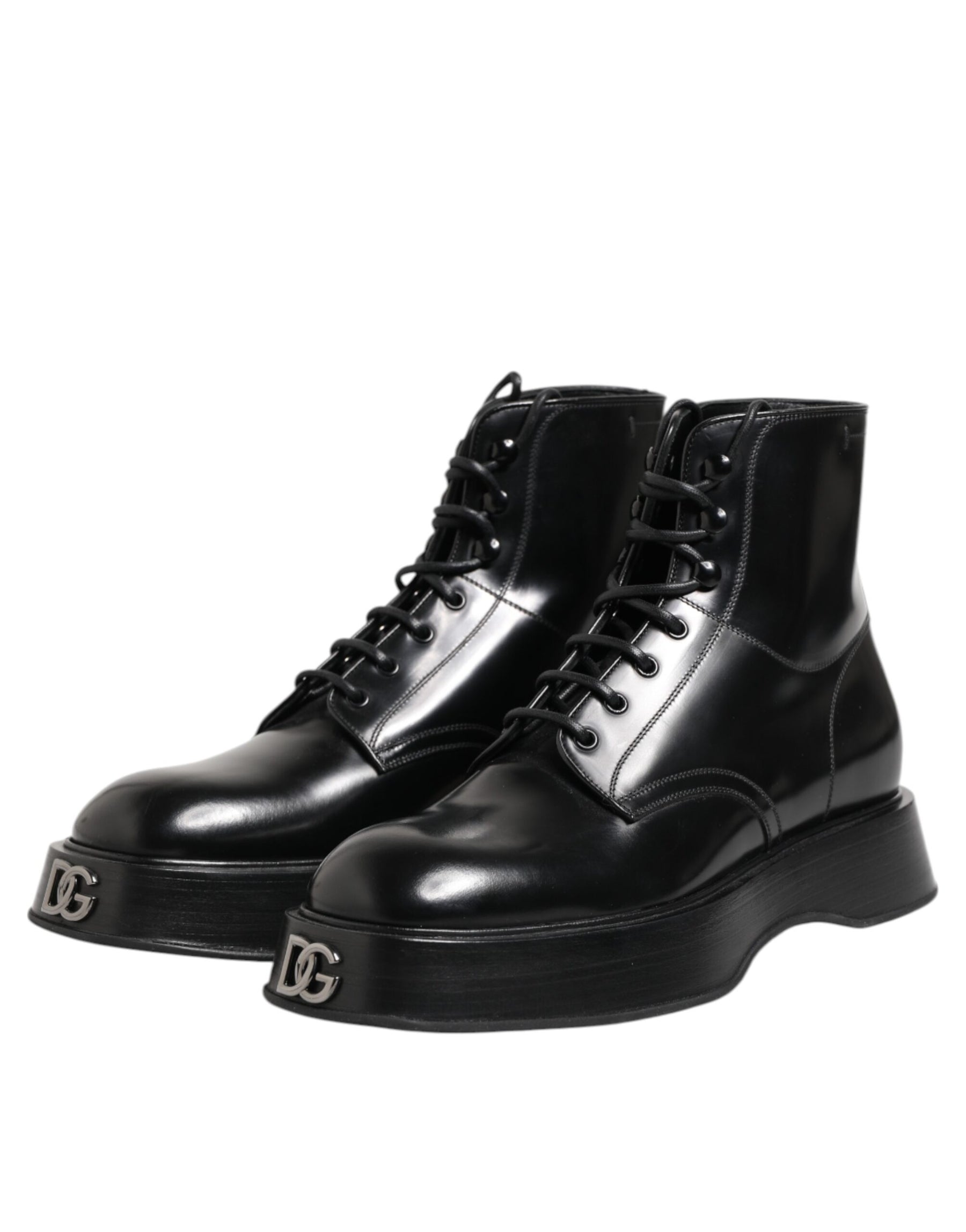 Dolce & Gabbana Black Leather Logo Ankle Boots Lace Up Shoes | Regal Royce