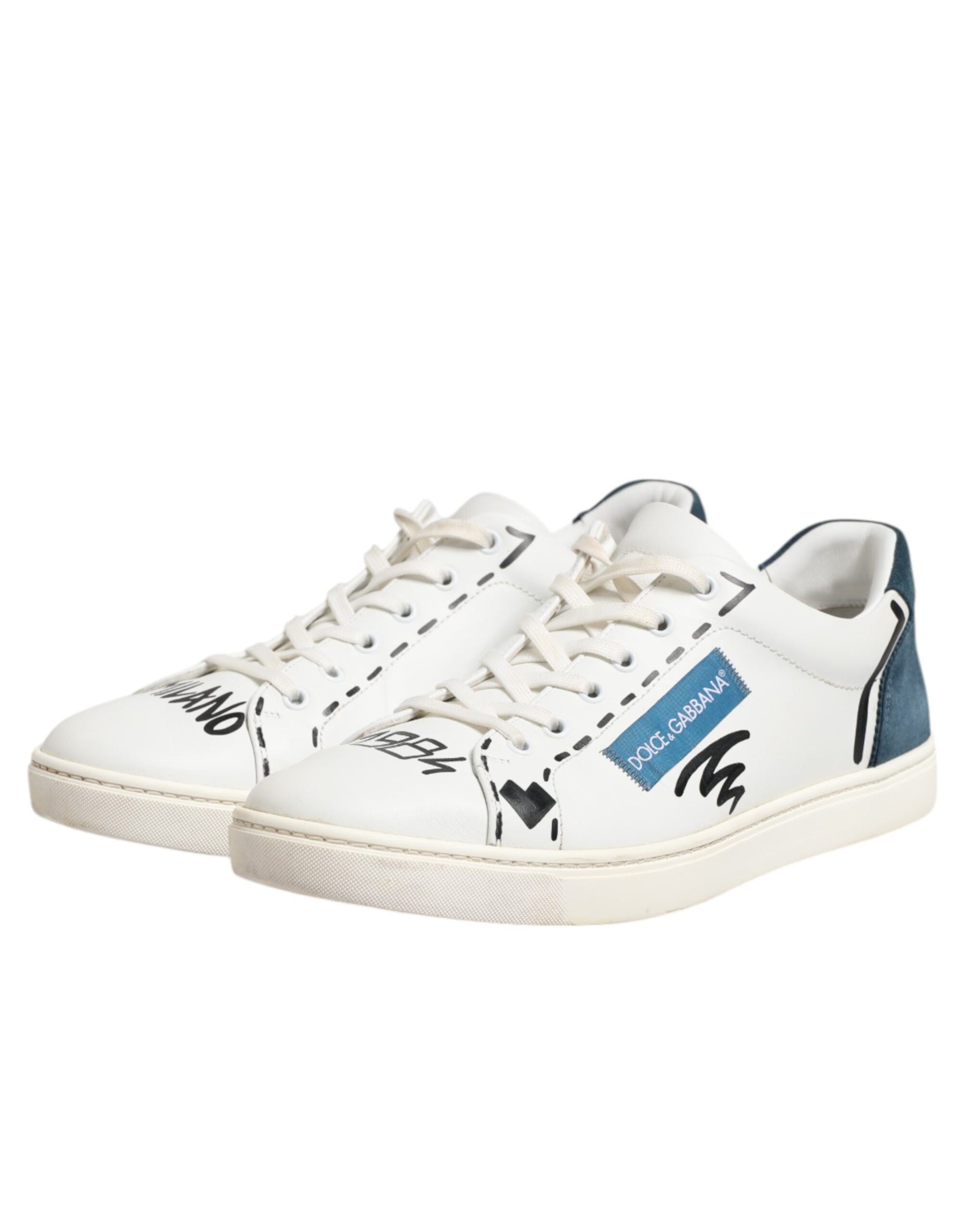 Dolce & Gabbana White Leather Printed Low Top Sneakers Shoes | Regal Royce