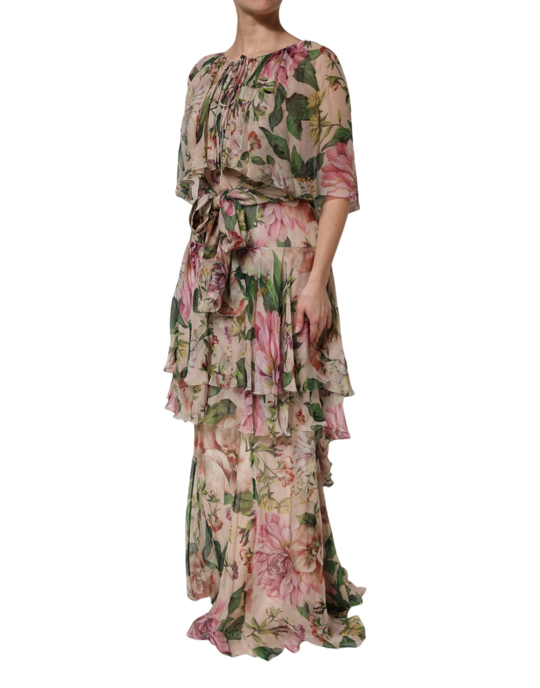 Dolce & Gabbana Pink Floral Print Tiered Long Maxi Dress | Regal Royce