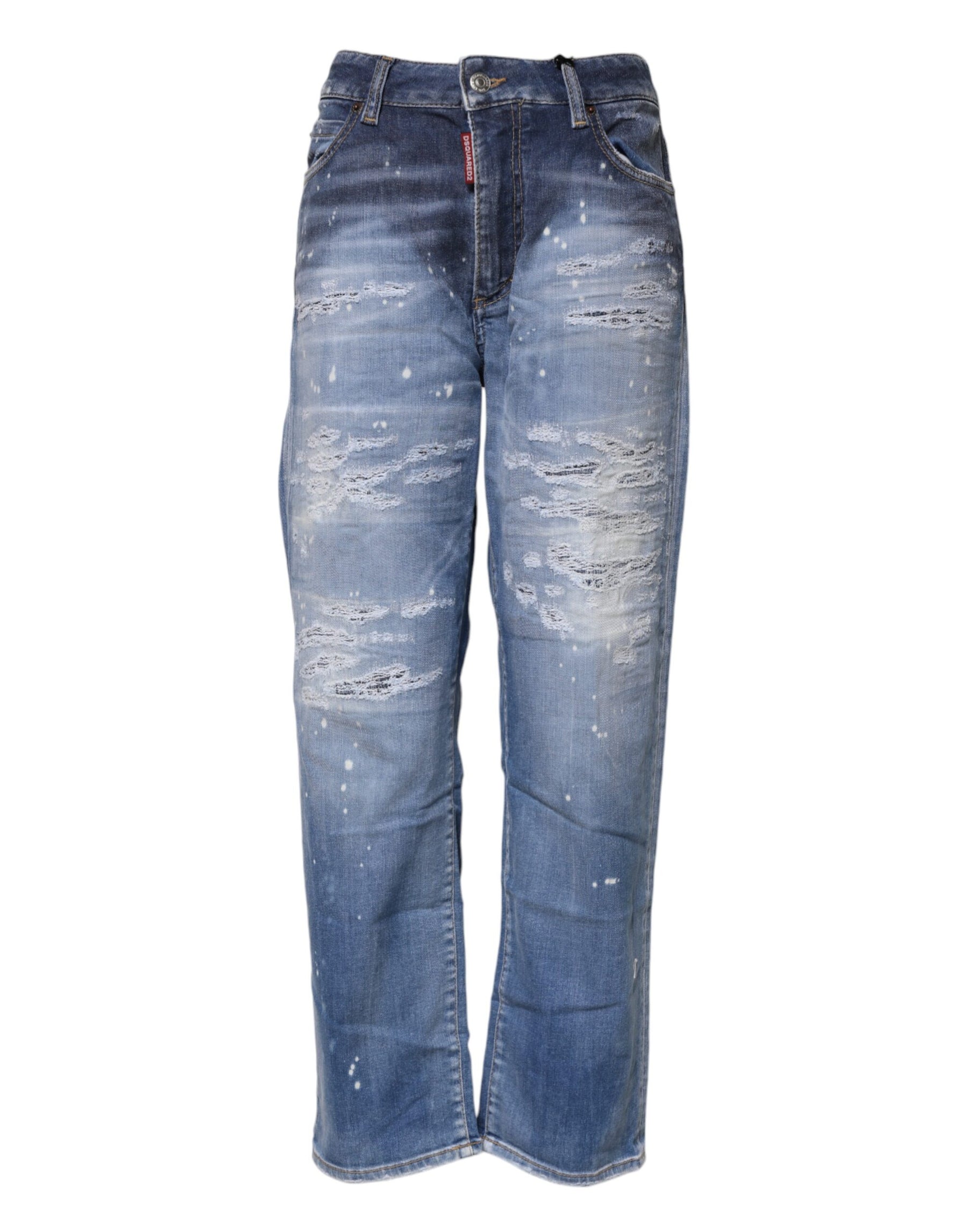 Dsquared² Blue Tattered Cotton Mid Waist Straight Denim Jeans | Regal Royce