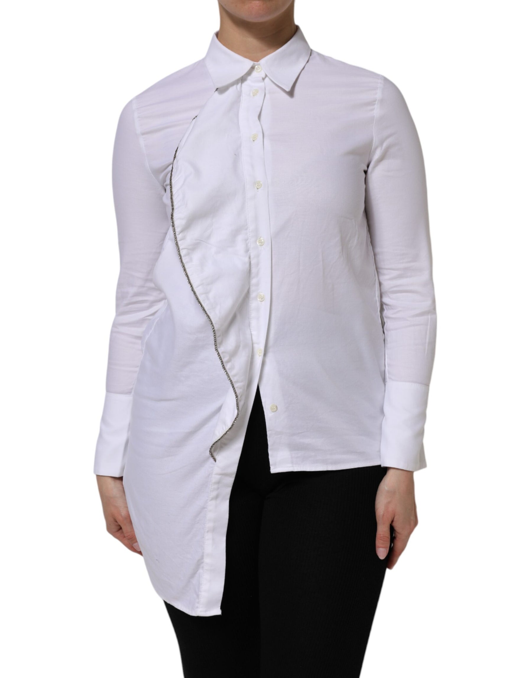 AGLINI White Cotton Collared Long Sleeves Ruffle Top Shirt | Regal Royce