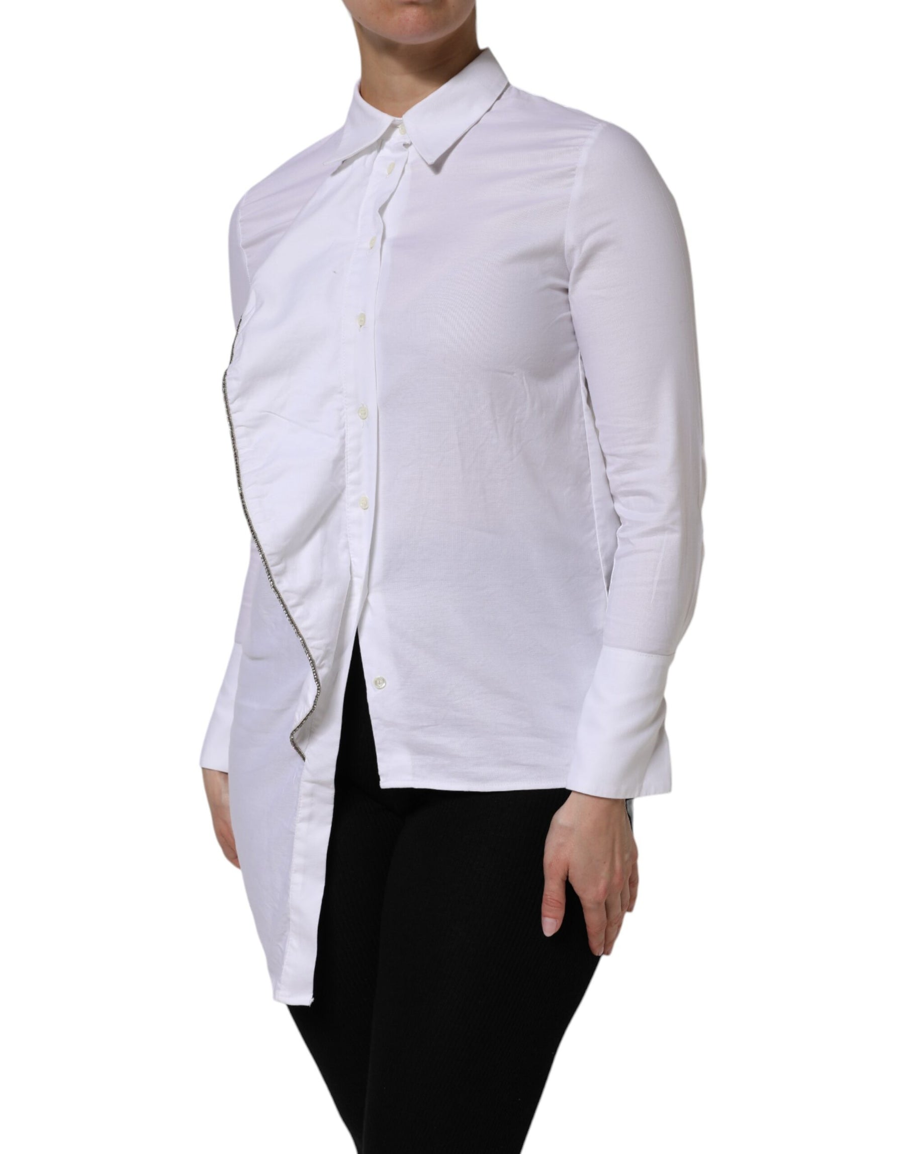 AGLINI White Cotton Collared Long Sleeves Ruffle Top Shirt | Regal Royce