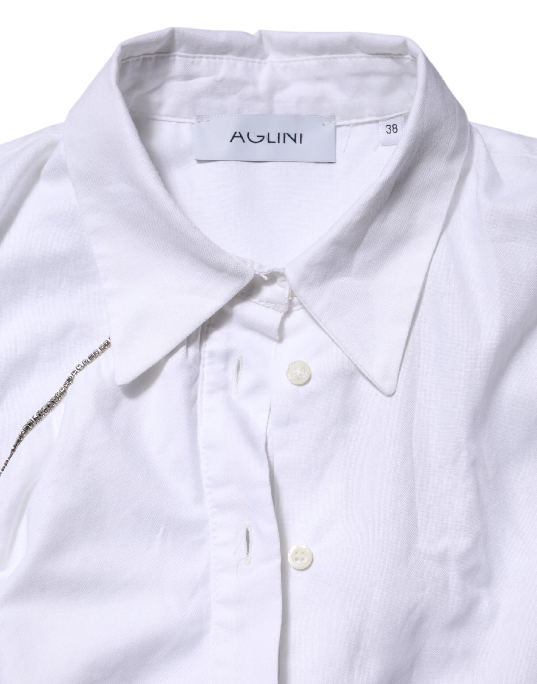 AGLINI White Cotton Collared Long Sleeves Ruffle Top Shirt | Regal Royce