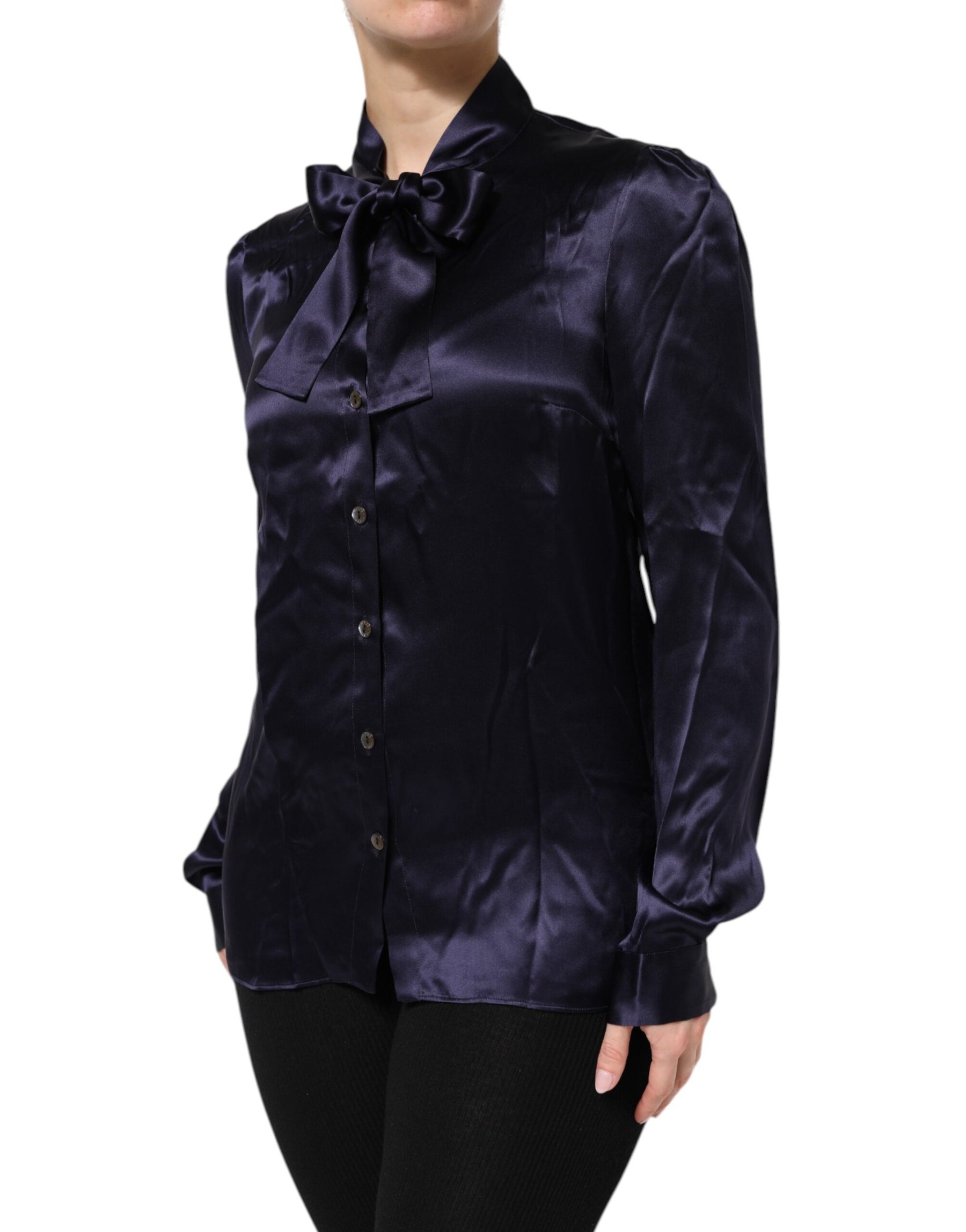 Dolce & Gabbana Dark Purple Silk Ascot Collared Blouse Top | Regal Royce