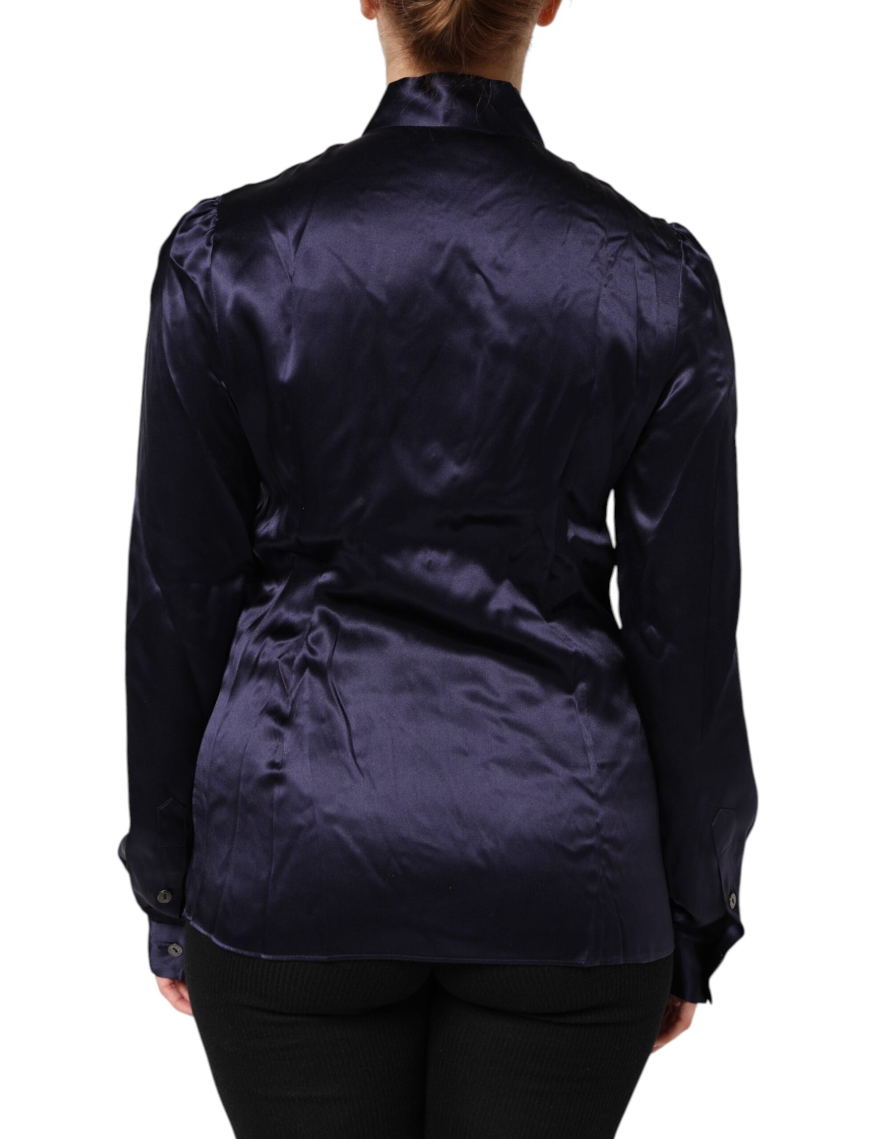 Dolce & Gabbana Dark Purple Silk Ascot Collared Blouse Top | Regal Royce