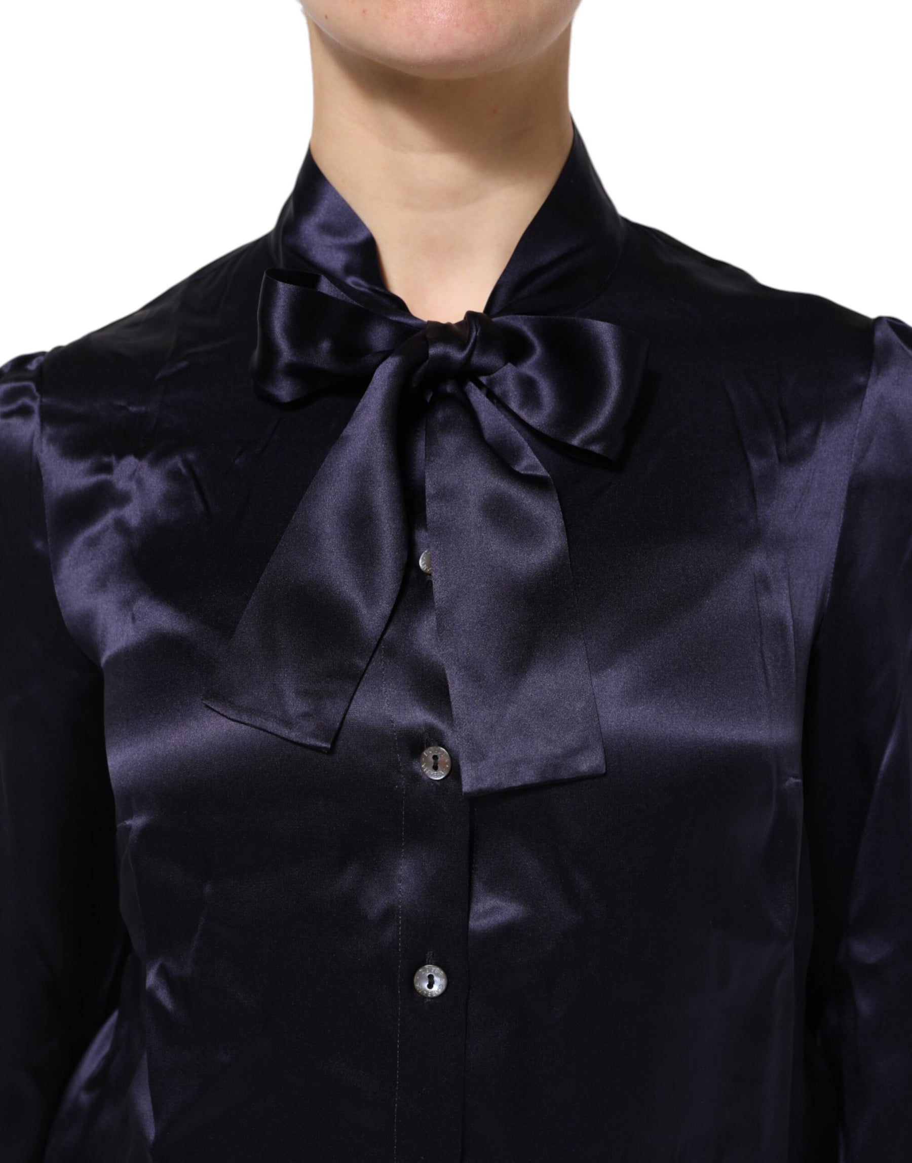 Dolce & Gabbana Dark Purple Silk Ascot Collared Blouse Top | Regal Royce