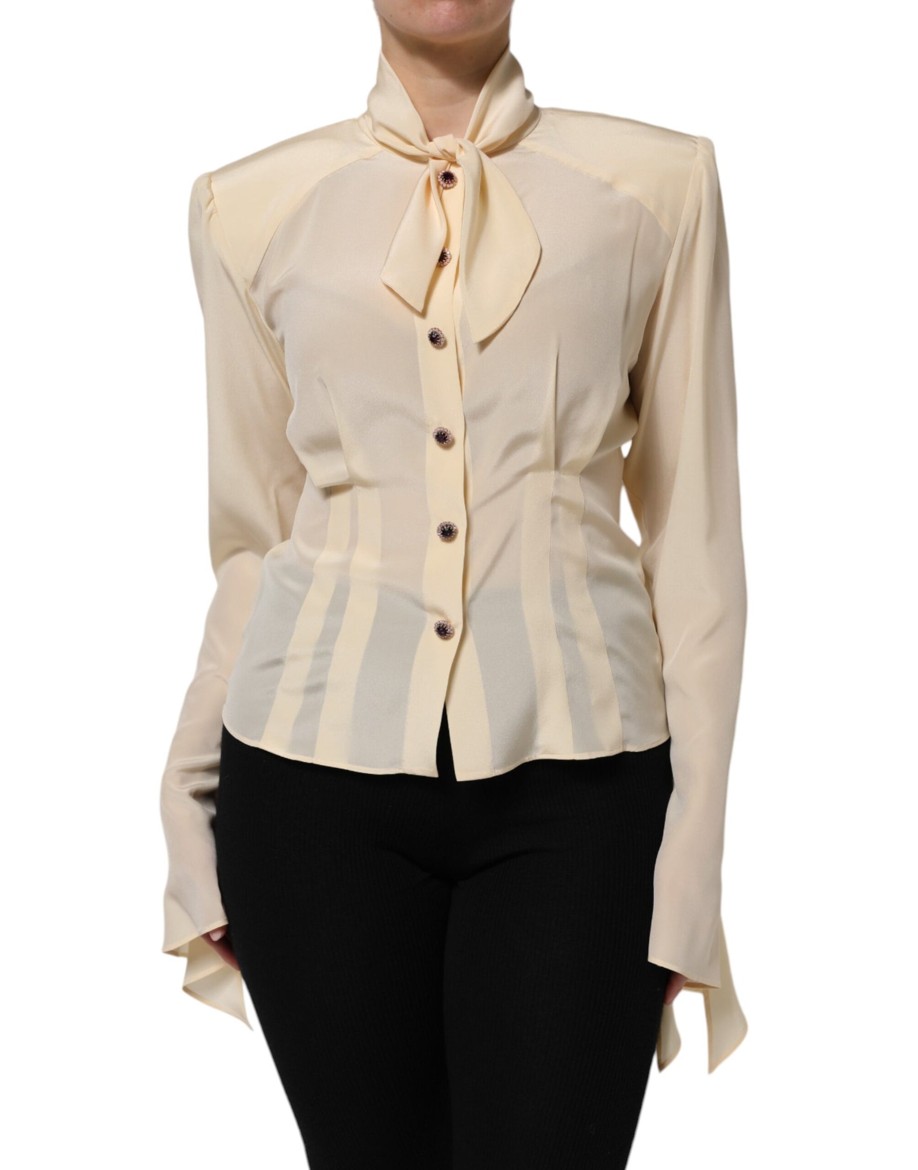 Dolce & Gabbana Light Yellow Silk Ascot Collared Blouse Top | Regal Royce