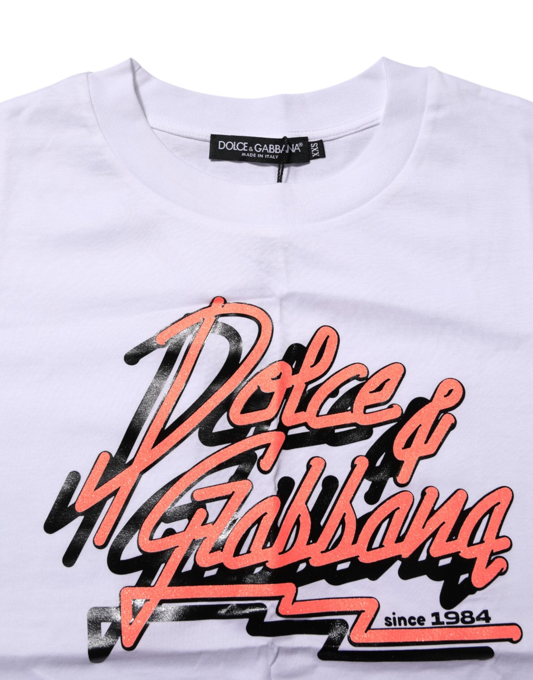 Dolce & Gabbana White Cotton Graphic Print Crew Neck T-shirt | Regal Royce