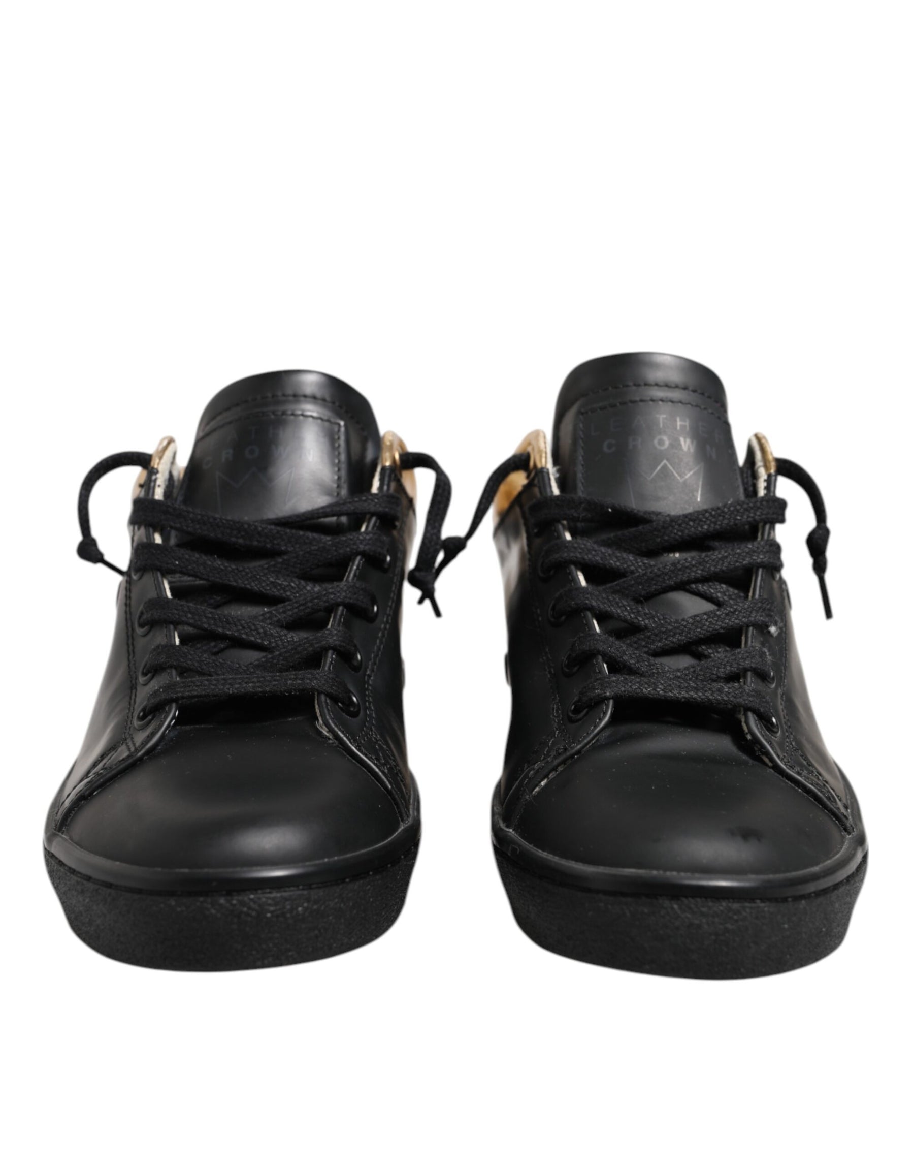 Leather Crown Black Gold Lace Up Low Top Women Sneakers Shoes | Regal Royce
