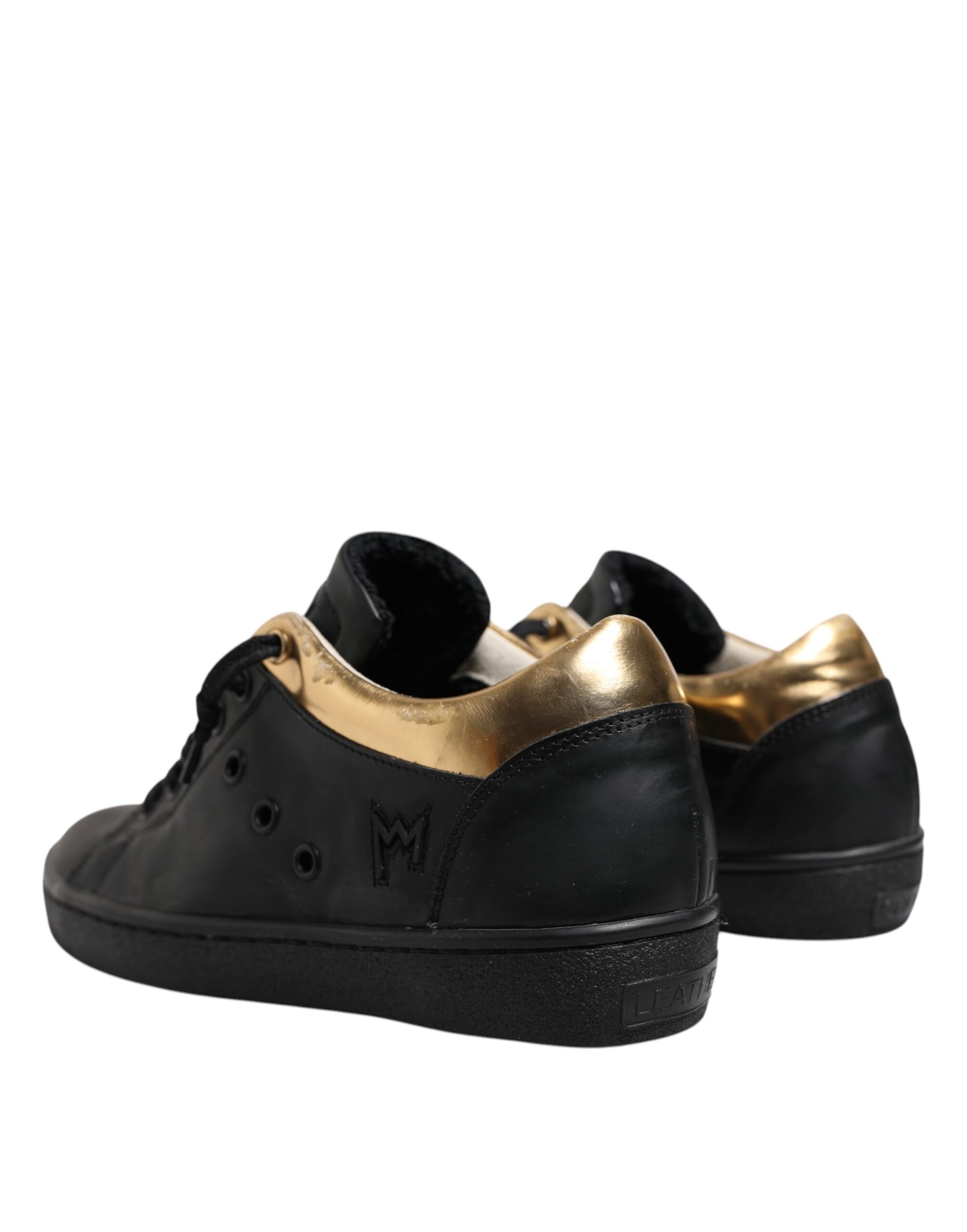 Leather Crown Black Gold Lace Up Low Top Women Sneakers Shoes | Regal Royce