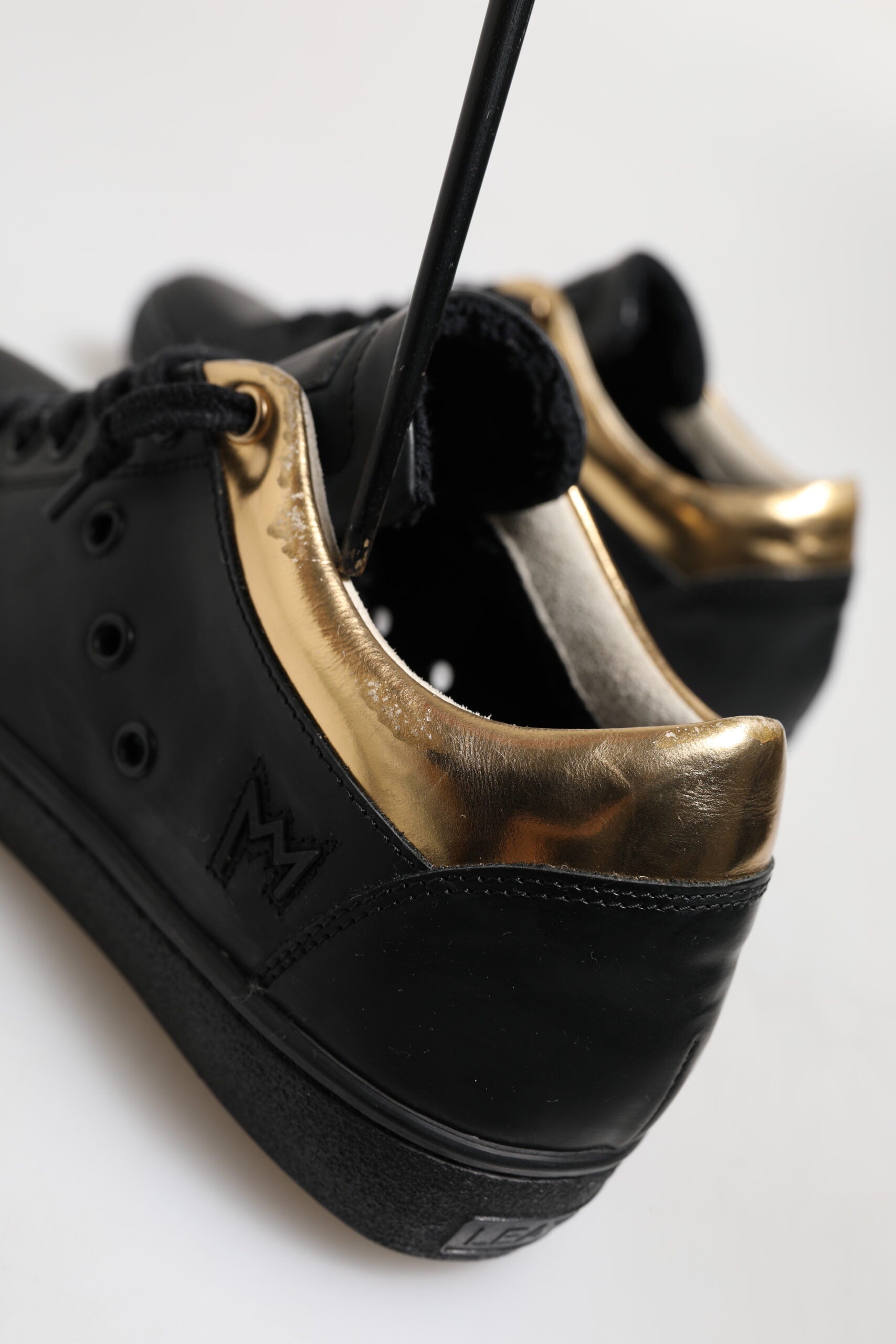 Leather Crown Black Gold Lace Up Low Top Women Sneakers Shoes | Regal Royce