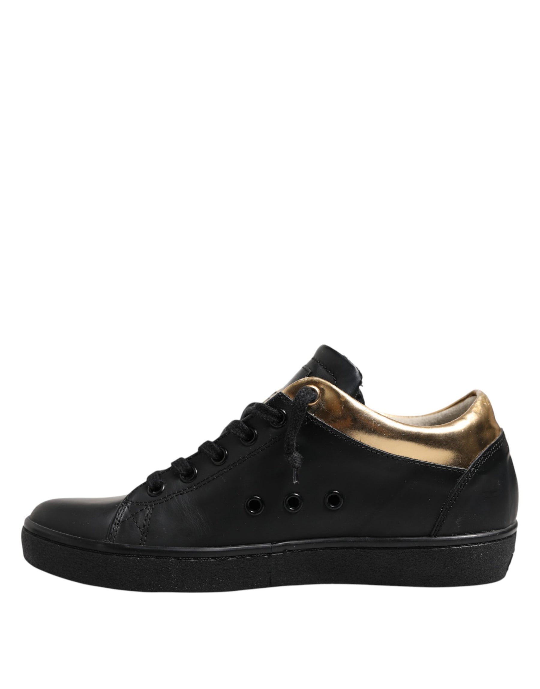 Leather Crown Black Gold Lace Up Low Top Women Sneakers Shoes | Regal Royce