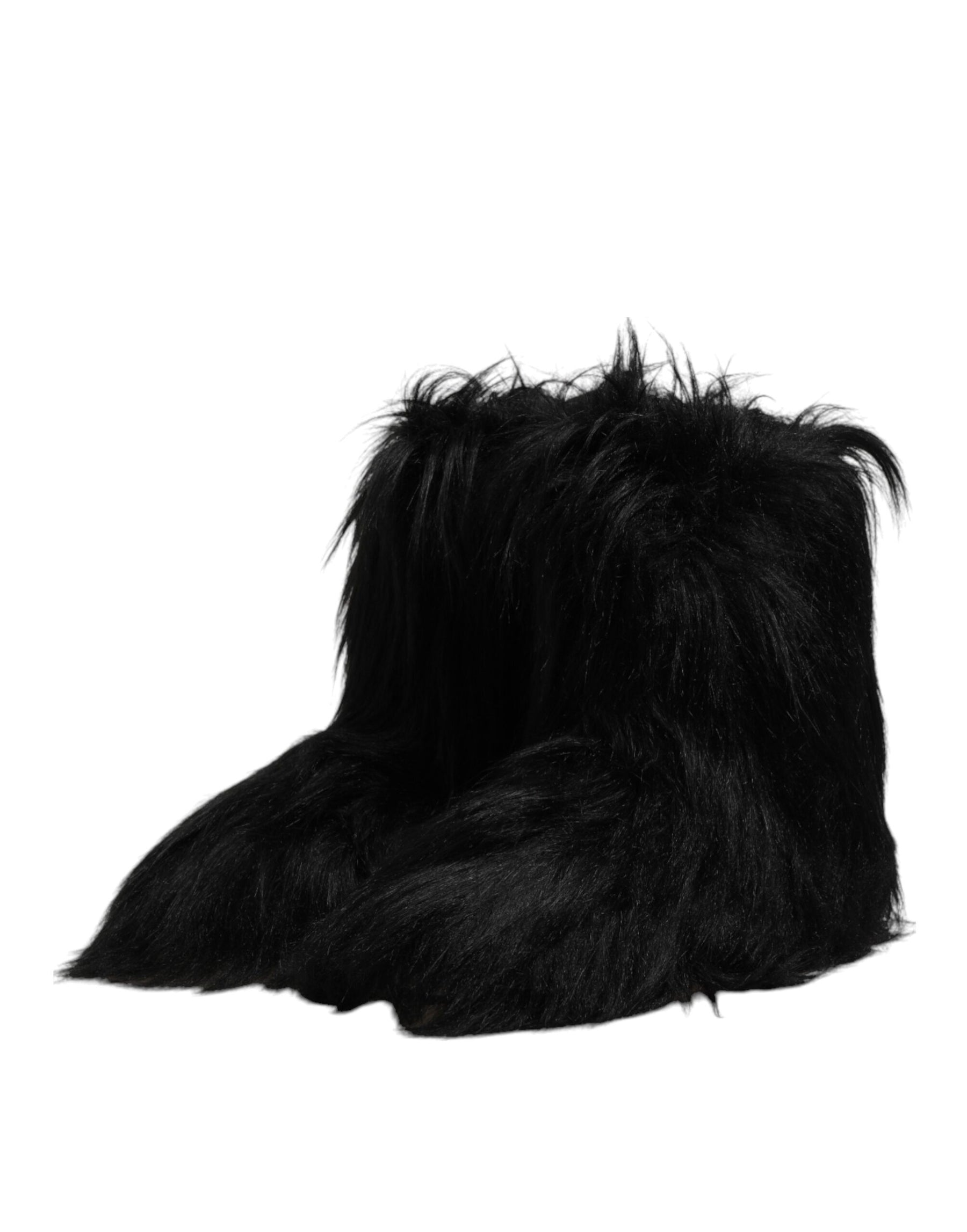 Dolce & Gabbana Black Faux Fur Mid Calf Boots Shoes | Regal Royce