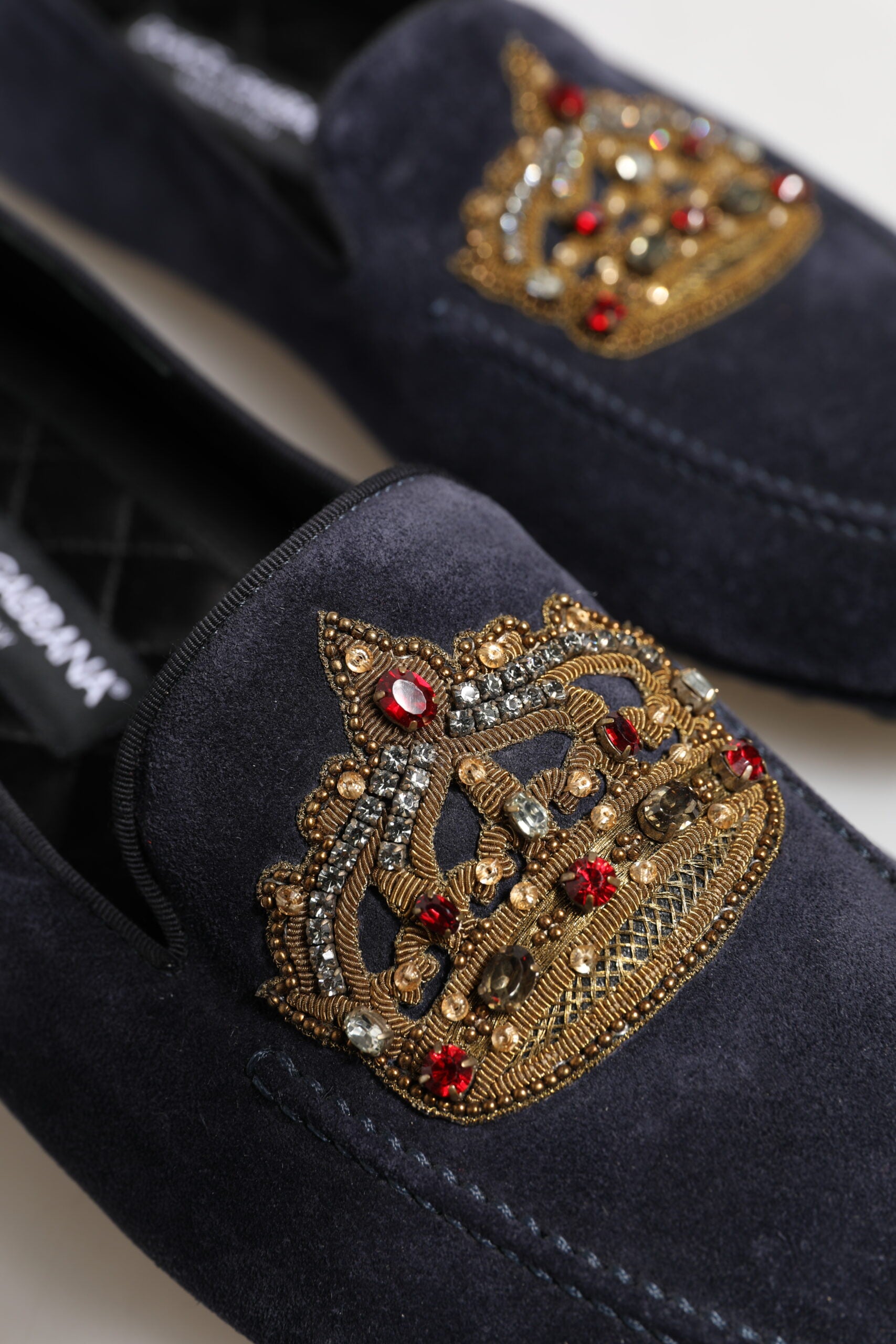 Dolce & Gabbana Blue Suede Crown Crystal Loafers Dress Shoes | Regal Royce