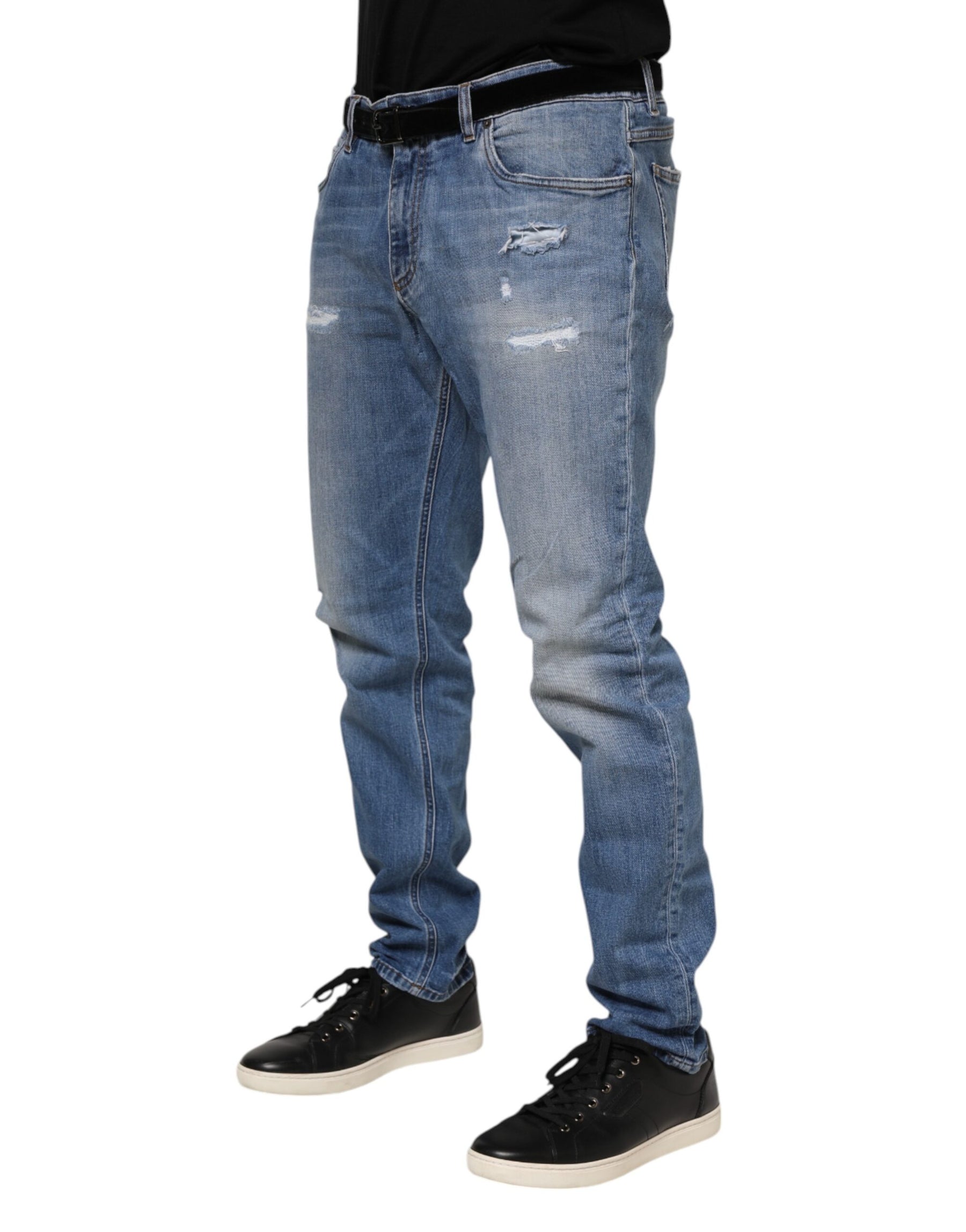 Dolce & Gabbana Blue Washed Tattered Logo Plaque Denim Jeans | Regal Royce