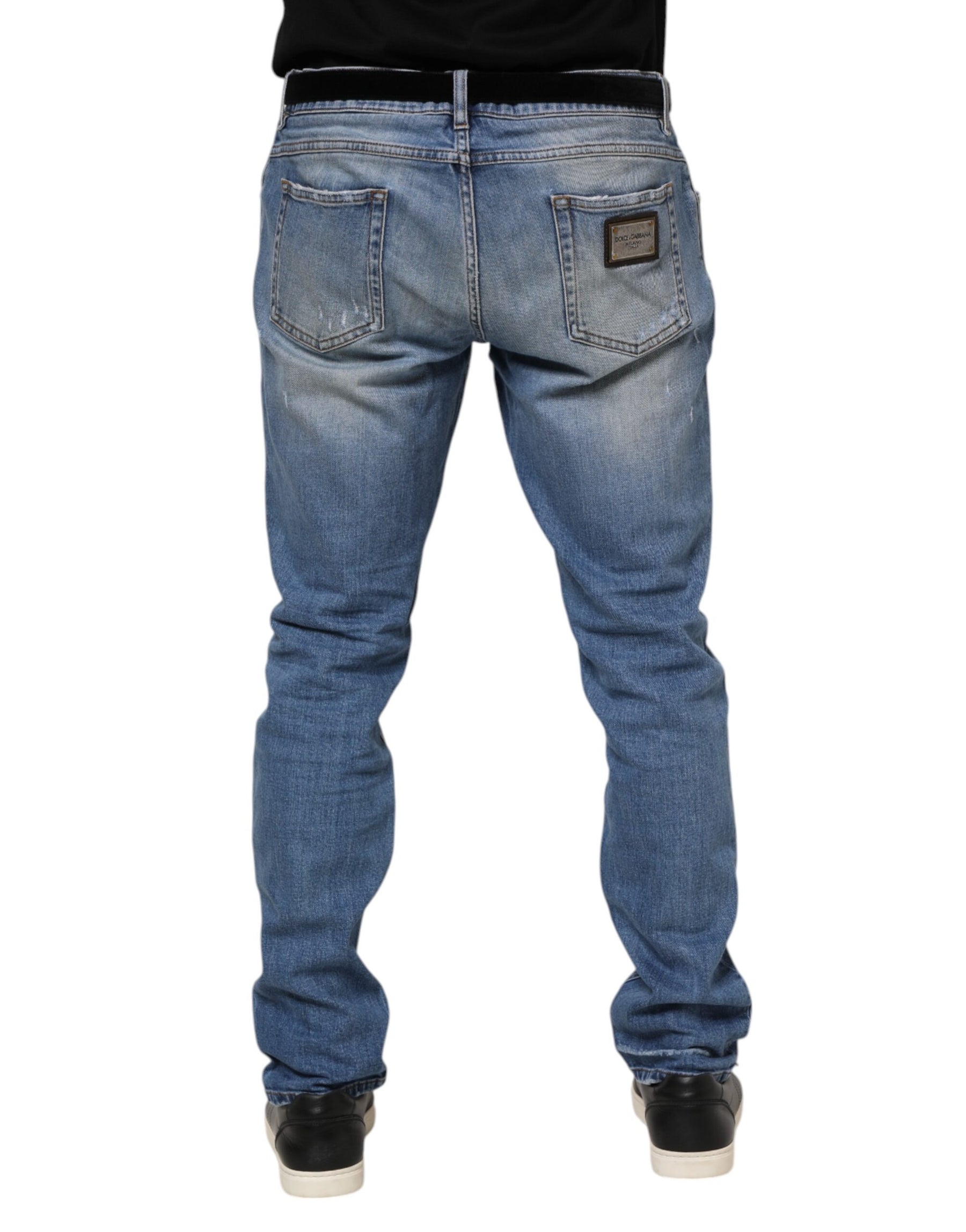 Dolce & Gabbana Blue Washed Tattered Logo Plaque Denim Jeans | Regal Royce