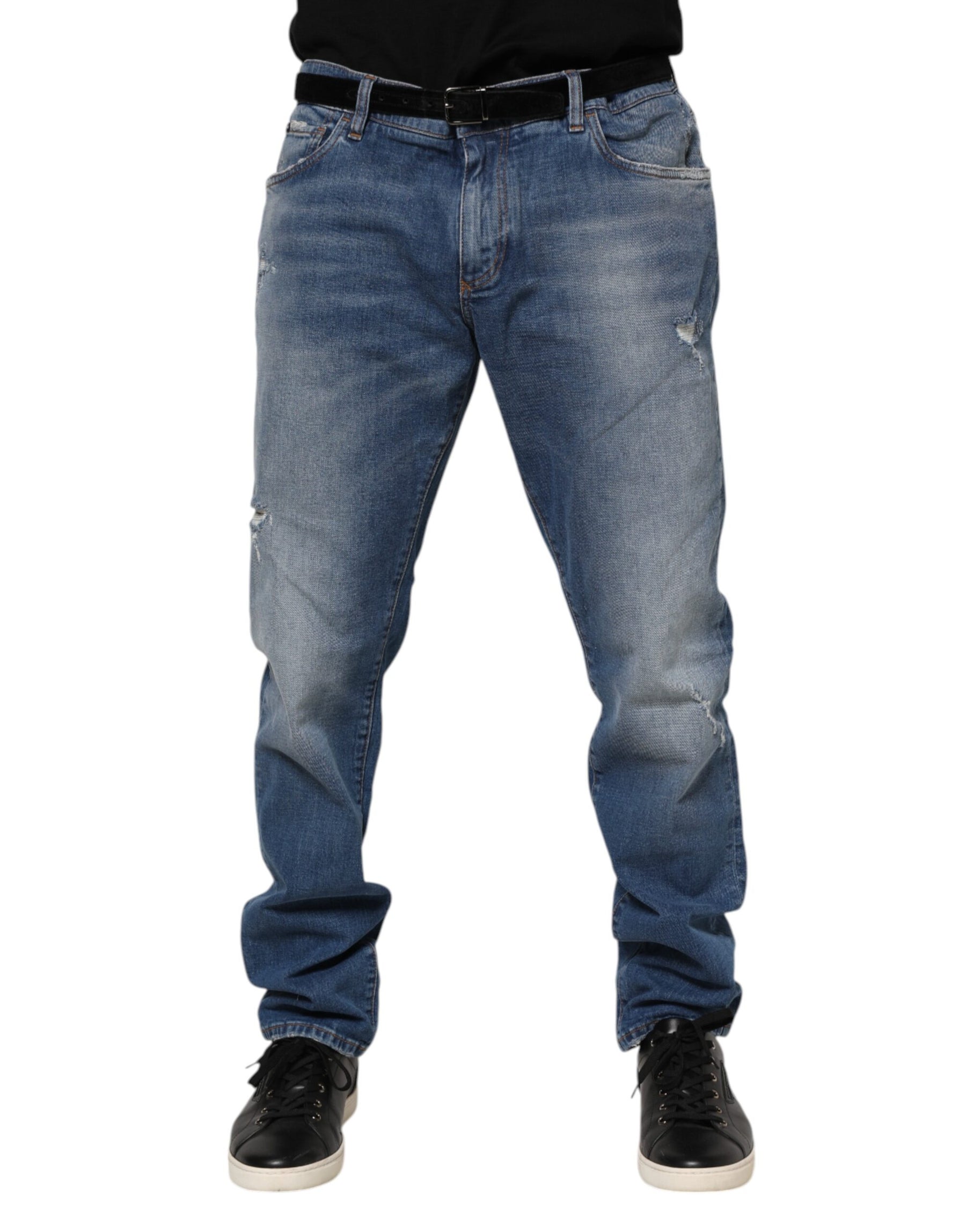 Dolce & Gabbana Blue Washed Cotton Logo Plaque Denim Jeans | Regal Royce