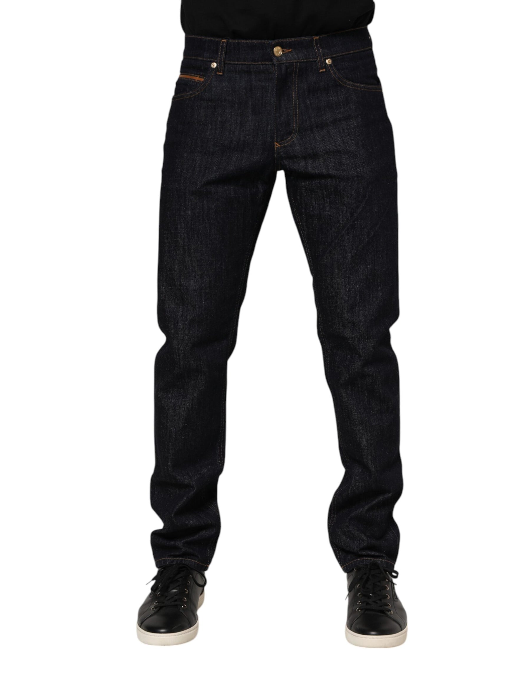 Dolce & Gabbana Dark Blue Cotton Logo Plaque Men Denim Jeans | Regal Royce
