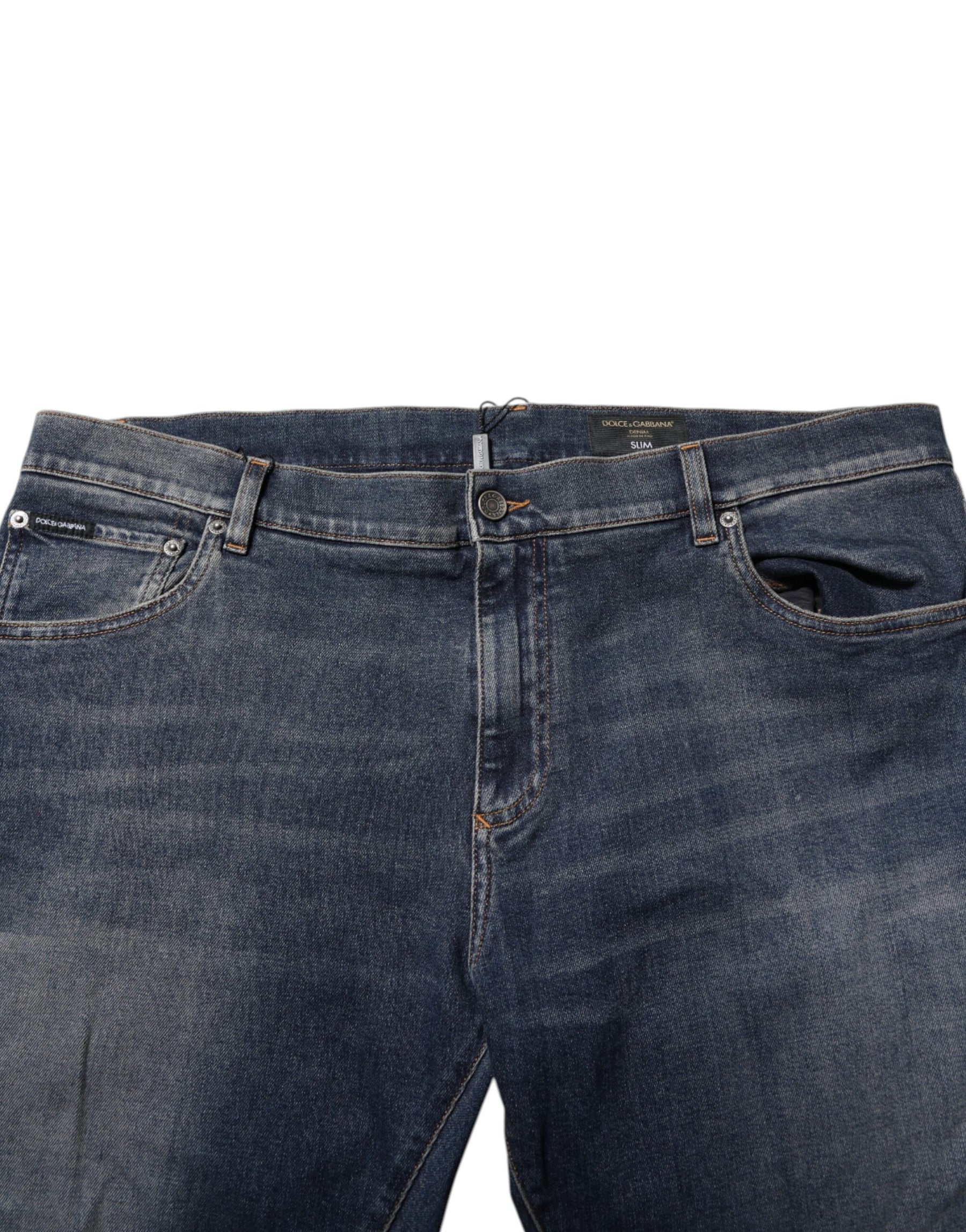 Dolce & Gabbana Blue Cotton Logo Plaque Slim Denim Jeans | Regal Royce