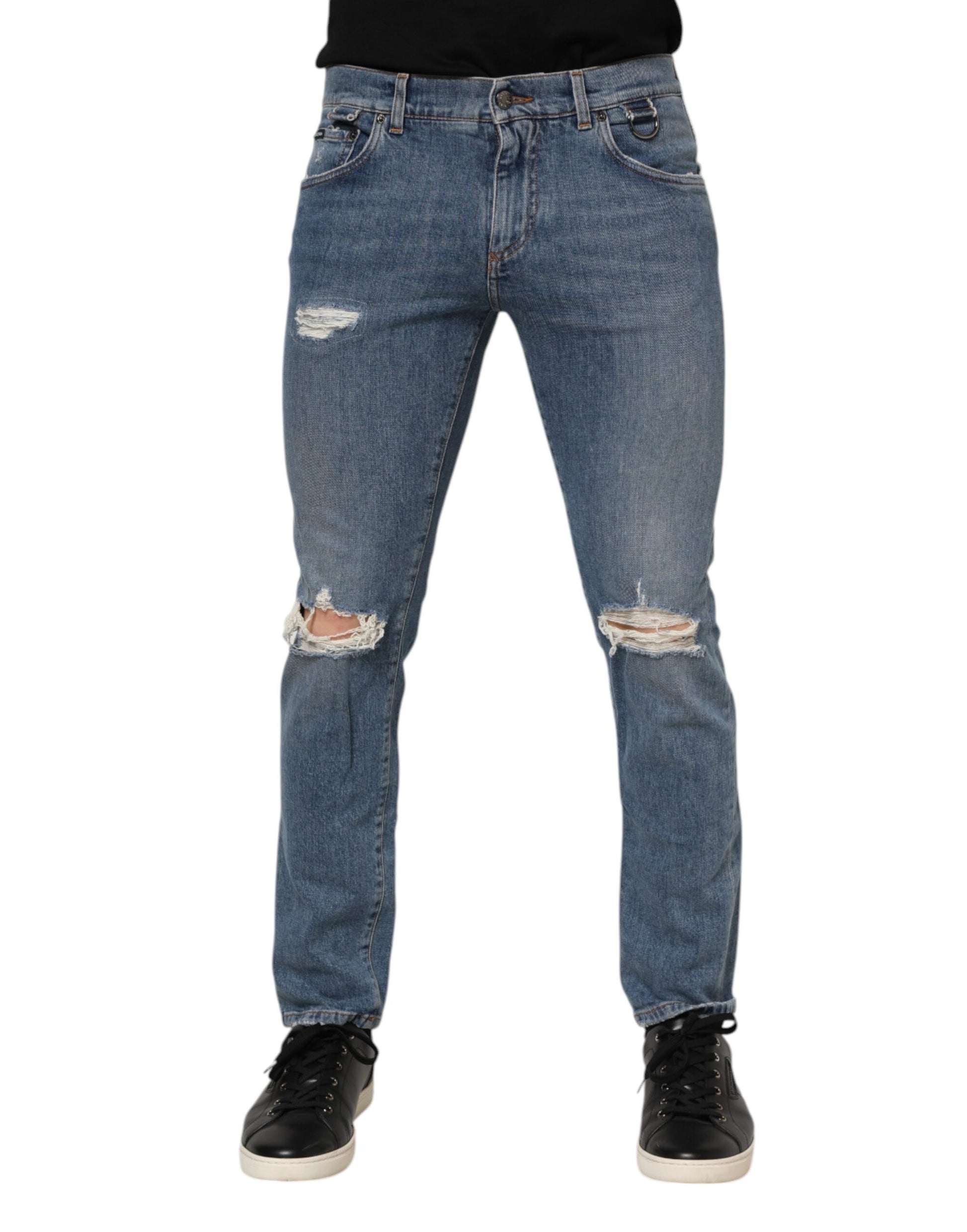 Dolce & Gabbana Blue Cotton Tattered Skinny Logo Denim Jeans