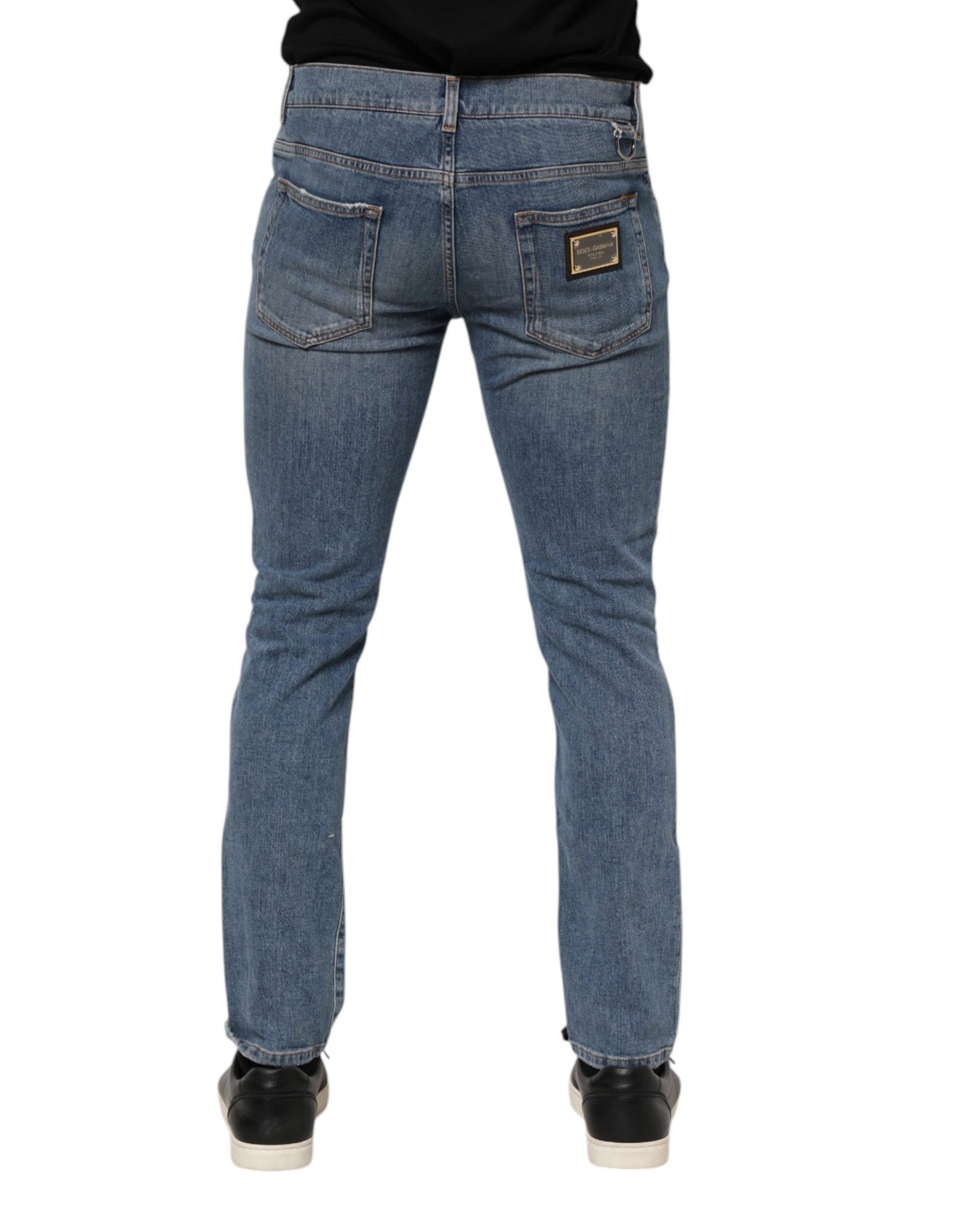 Dolce & Gabbana Blue Cotton Tattered Skinny Logo Denim Jeans | Regal Royce