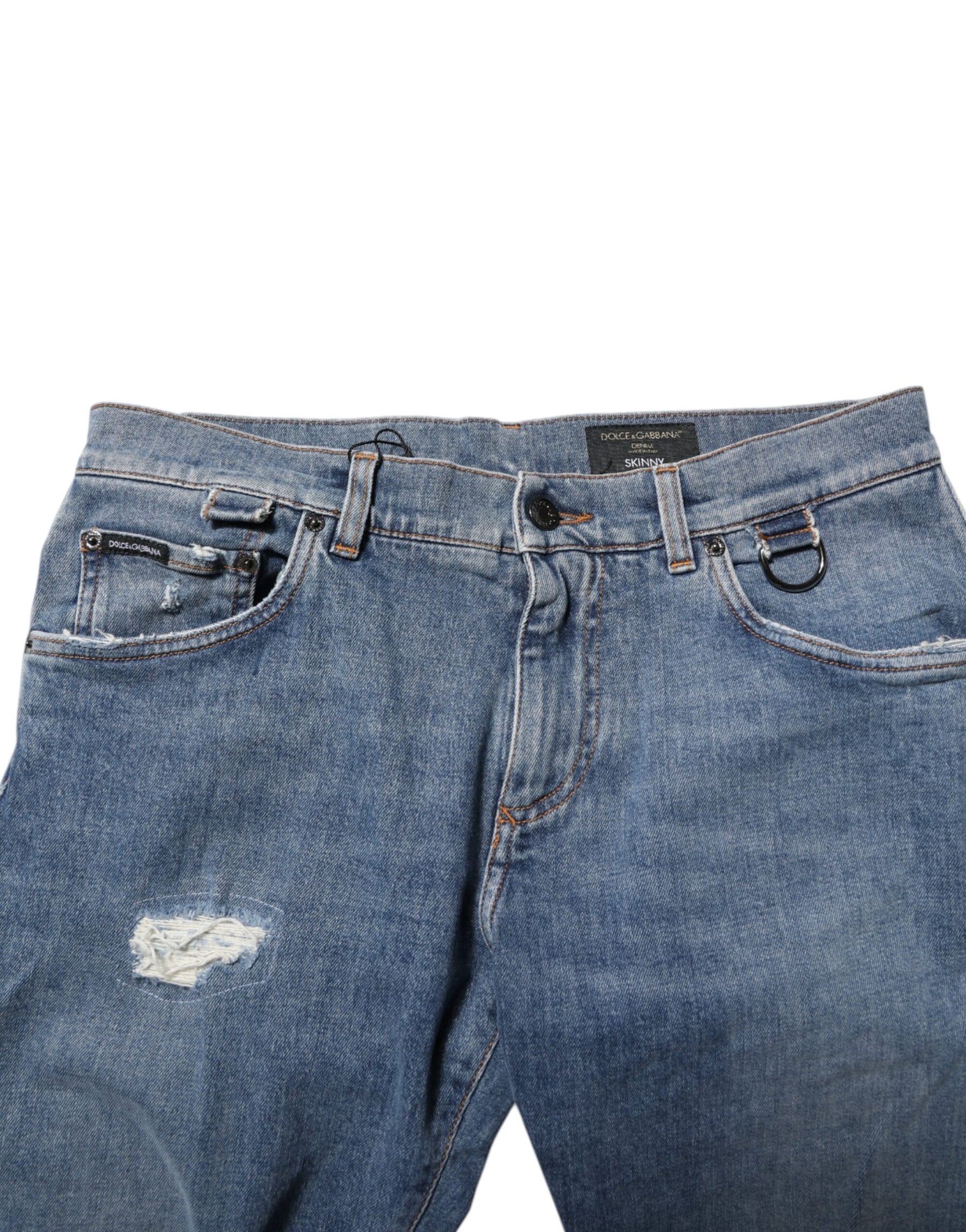 Dolce & Gabbana Blue Cotton Tattered Skinny Logo Denim Jeans | Regal Royce