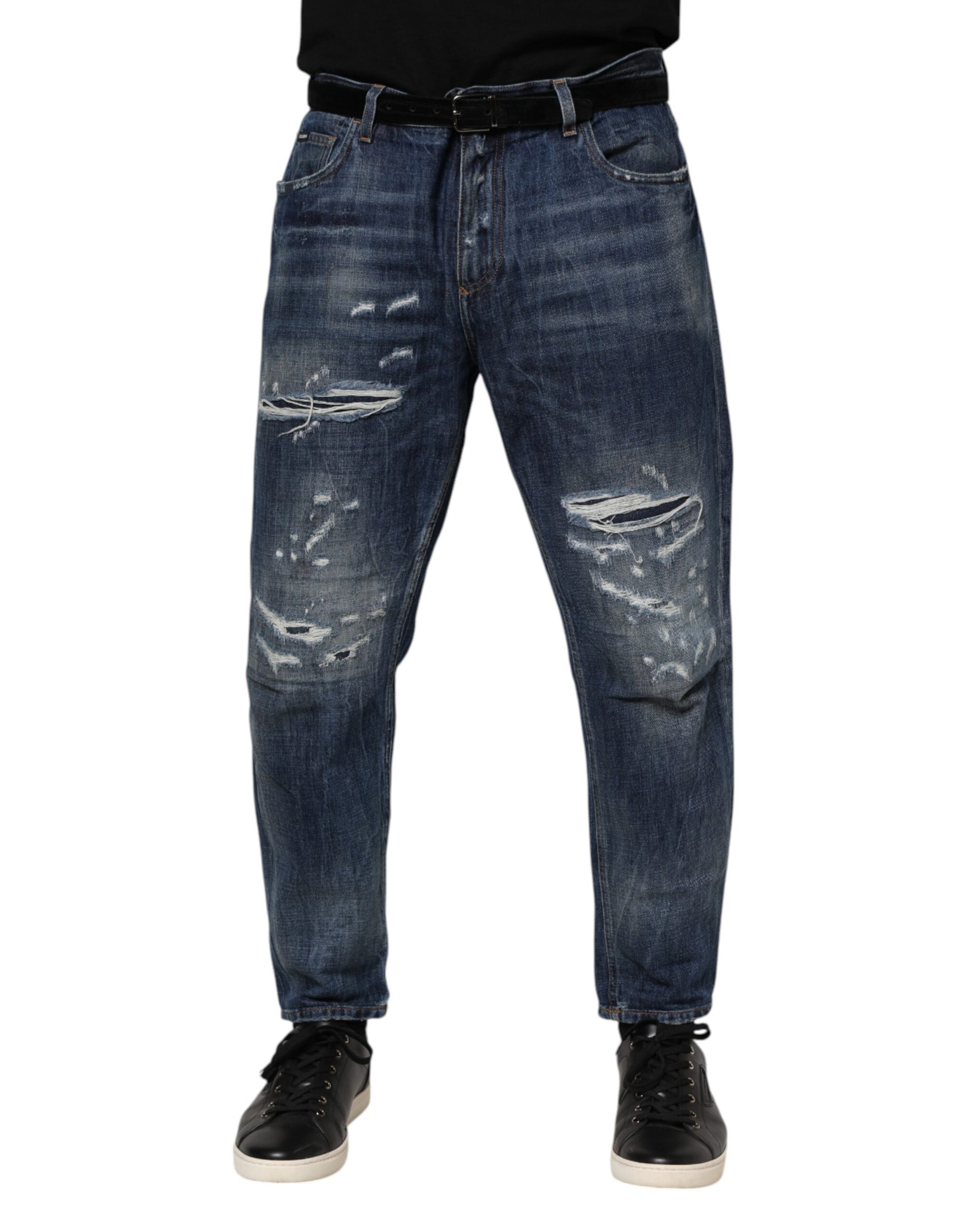 Dolce & Gabbana Blue Cotton Tattered Tapered Men Denim Jeans