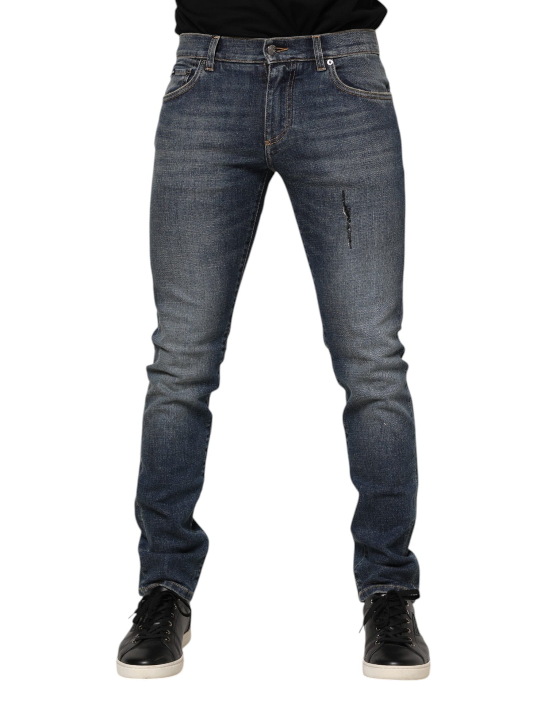 Dolce & Gabbana Blue Washed Skinny Logo Plaque Men Denim Jeans | Regal Royce