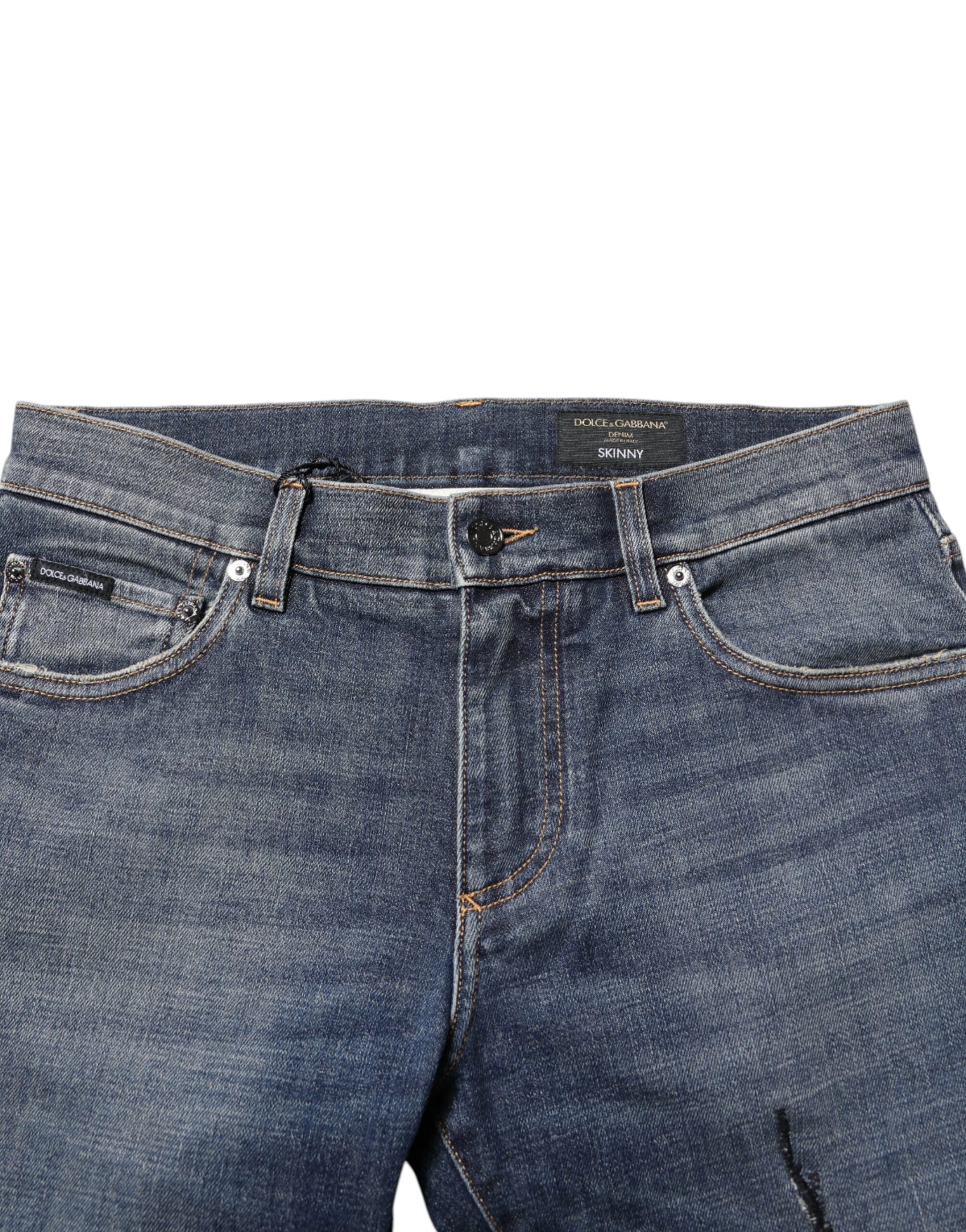 Dolce & Gabbana Blue Washed Skinny Logo Plaque Men Denim Jeans | Regal Royce