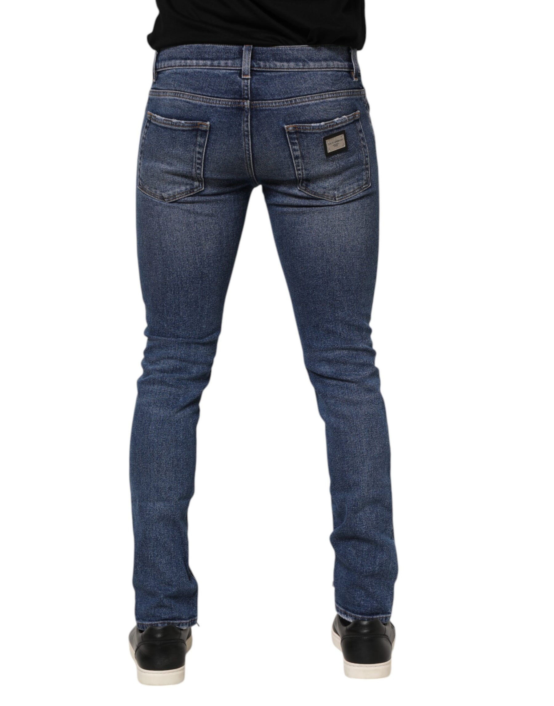 Dolce & Gabbana Blue Cotton Logo Plaque Skinny Men Denim Jeans | Regal Royce